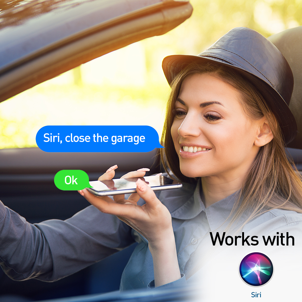 Una mujer en un coche usa Siri en su teléfono. Una burbuja de texto dice: "Siri, cierra el garaje". Un botón verde "Ok" es visible.