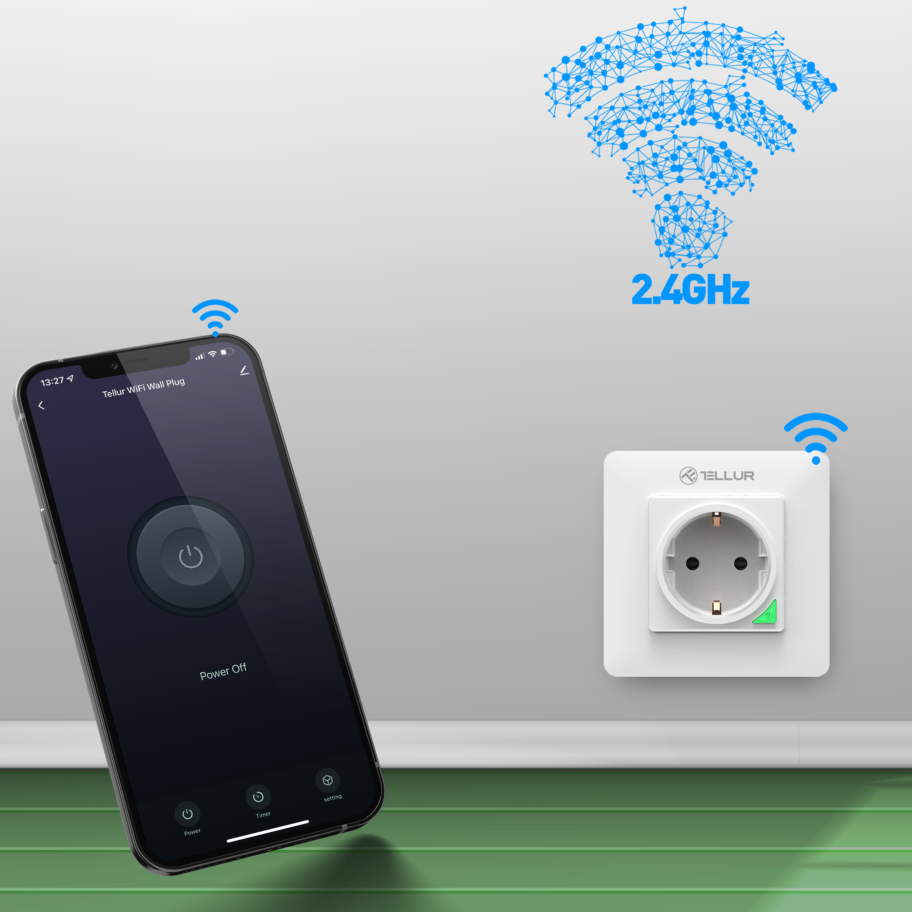Ein Telefon mit Smart Plug und WLAN-Symbol. Text sagt 2,4 GHz. Das Telefon zeigt Aus.