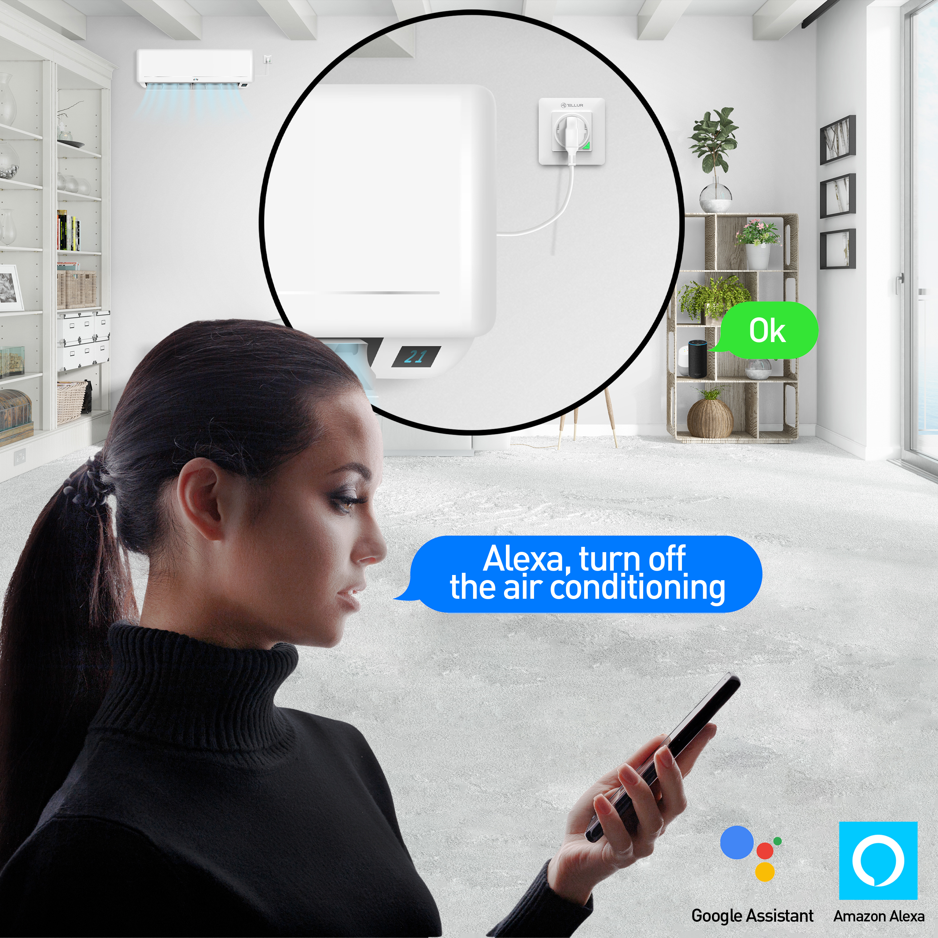 Eine Frau steuert mit ihrem Telefon die Klimaanlage, mit 'Alexa'-Eingabeaufforderung.
