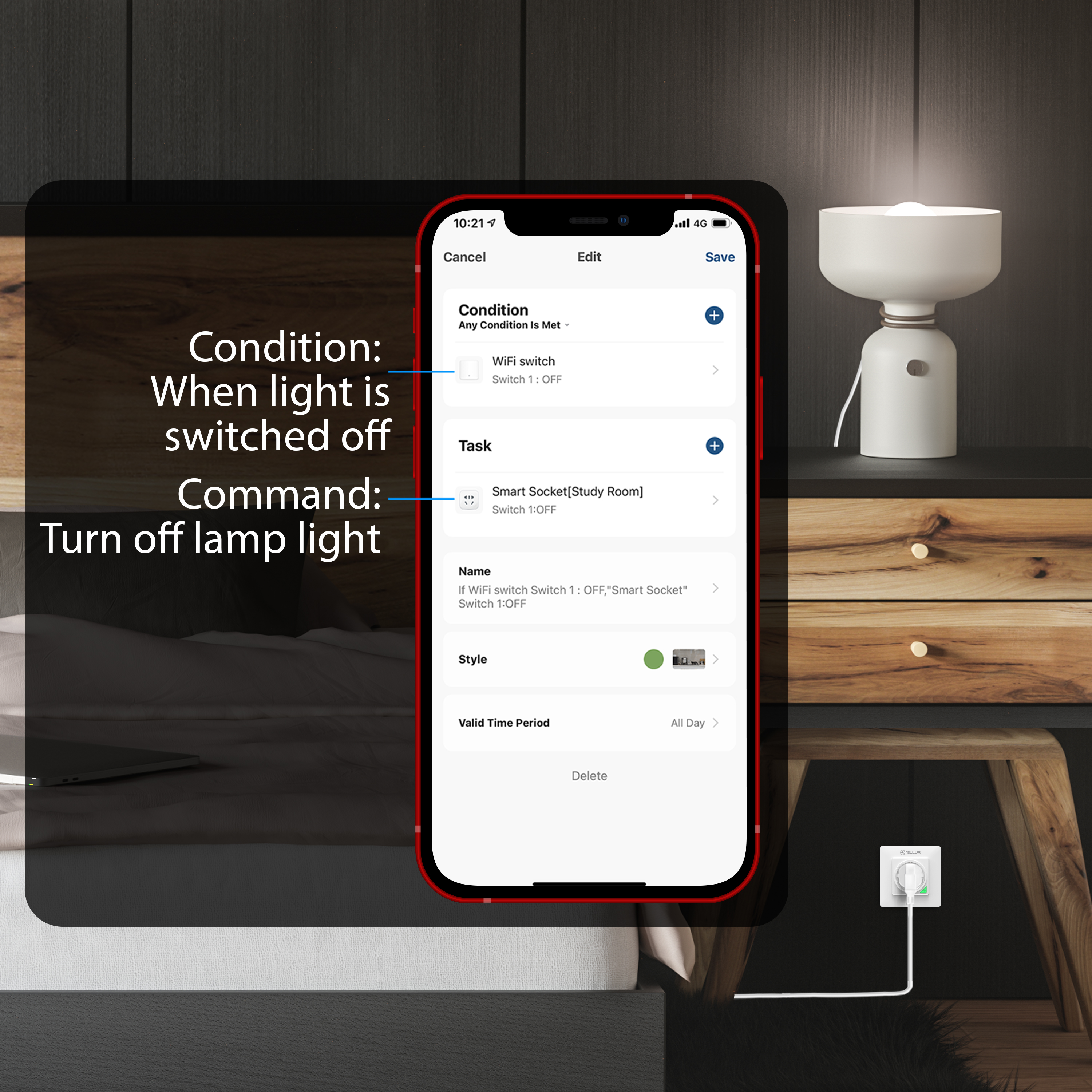 Smartphone-Bildschirm mit Automatisierungseinstellungen. Bei ausgeschaltetem Licht, Lampe aus. Lampe und Stecker im Hintergrund.