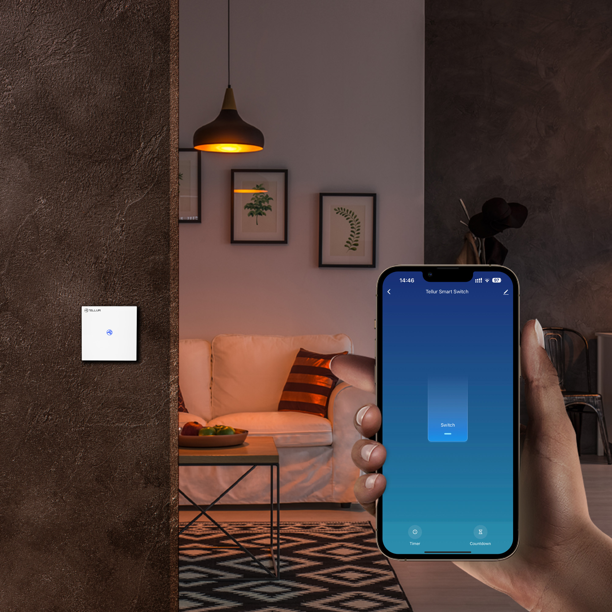 Una persona sosteniendo un teléfono mostrando una app de interruptor inteligente.