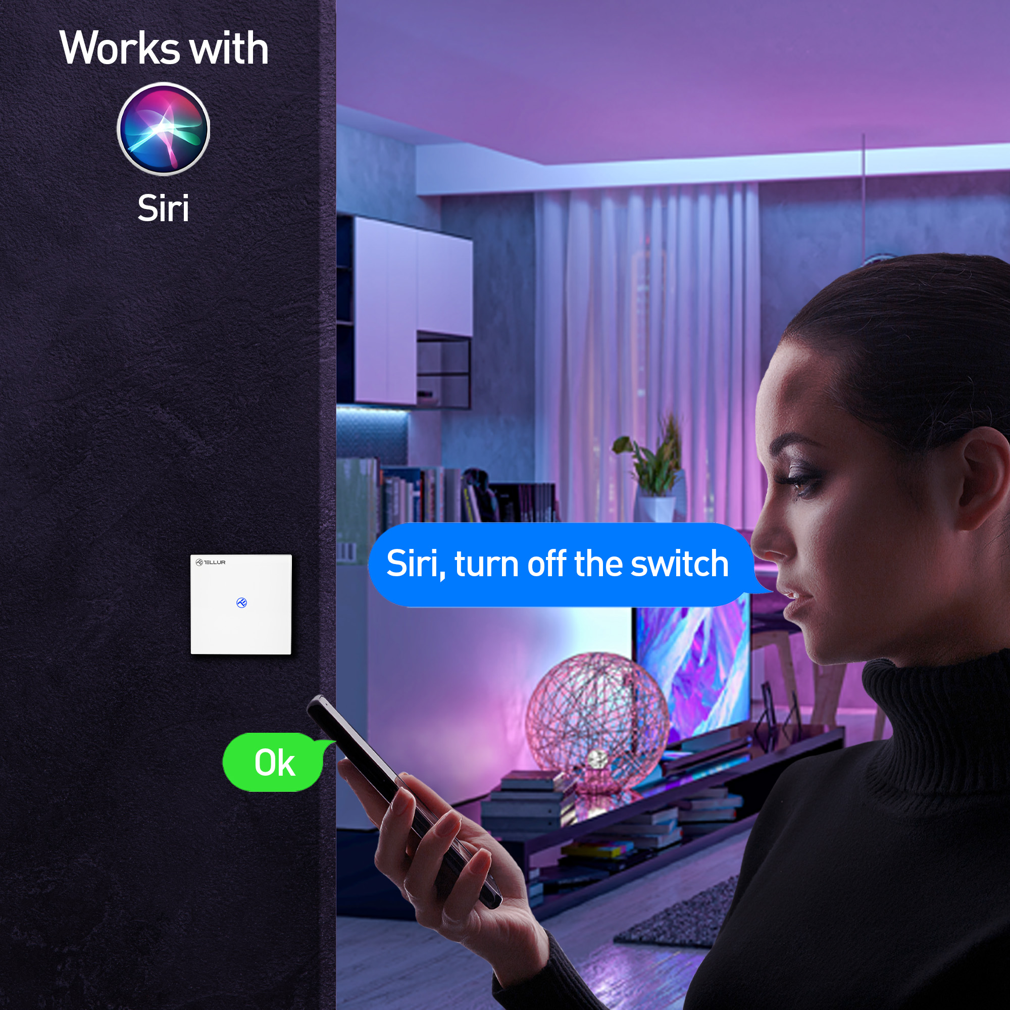 Mujer usando un smartphone para interactuar con un interruptor inteligente, con comando de voz.