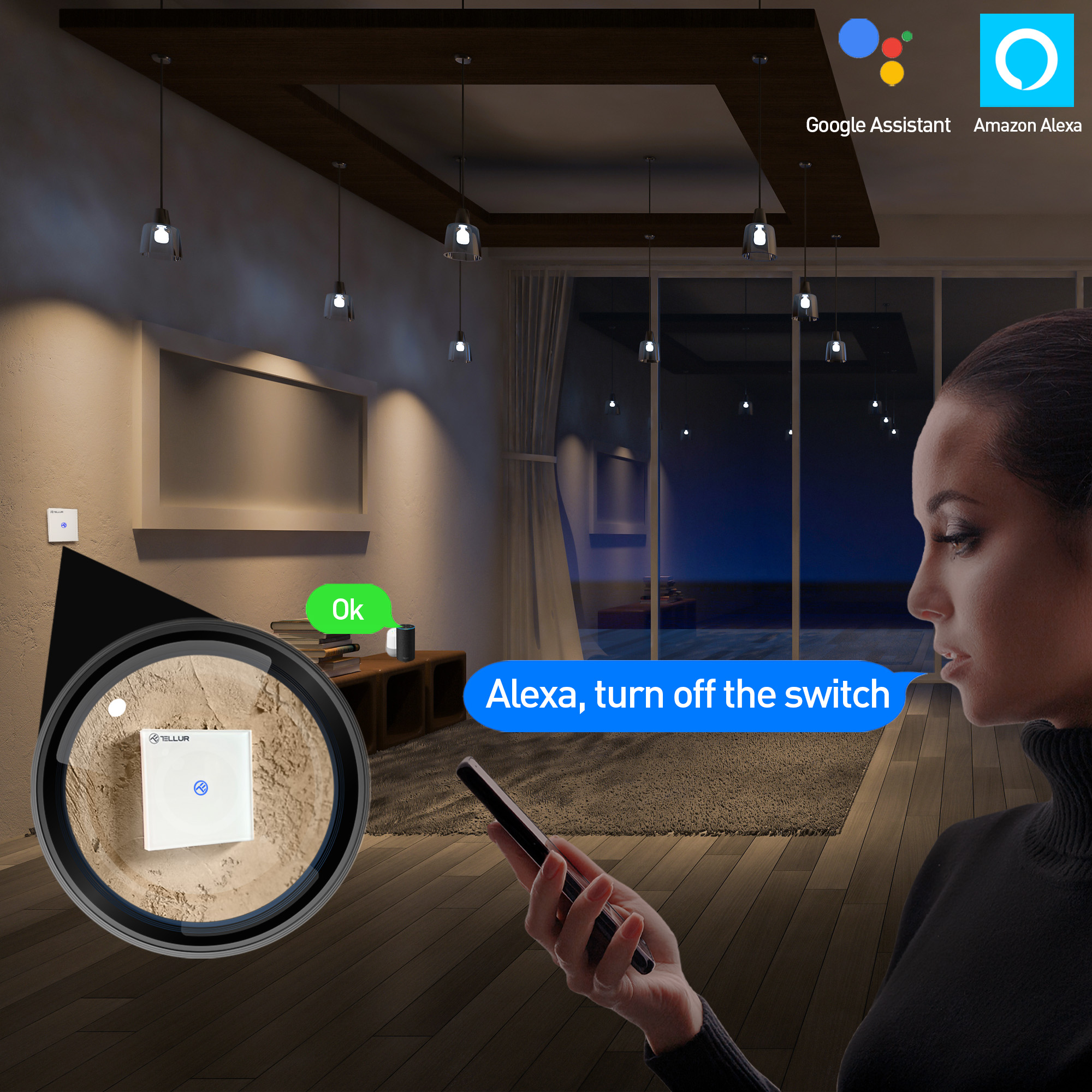 Una mujer usando un smartphone para controlar dispositivos domésticos inteligentes, con luces.