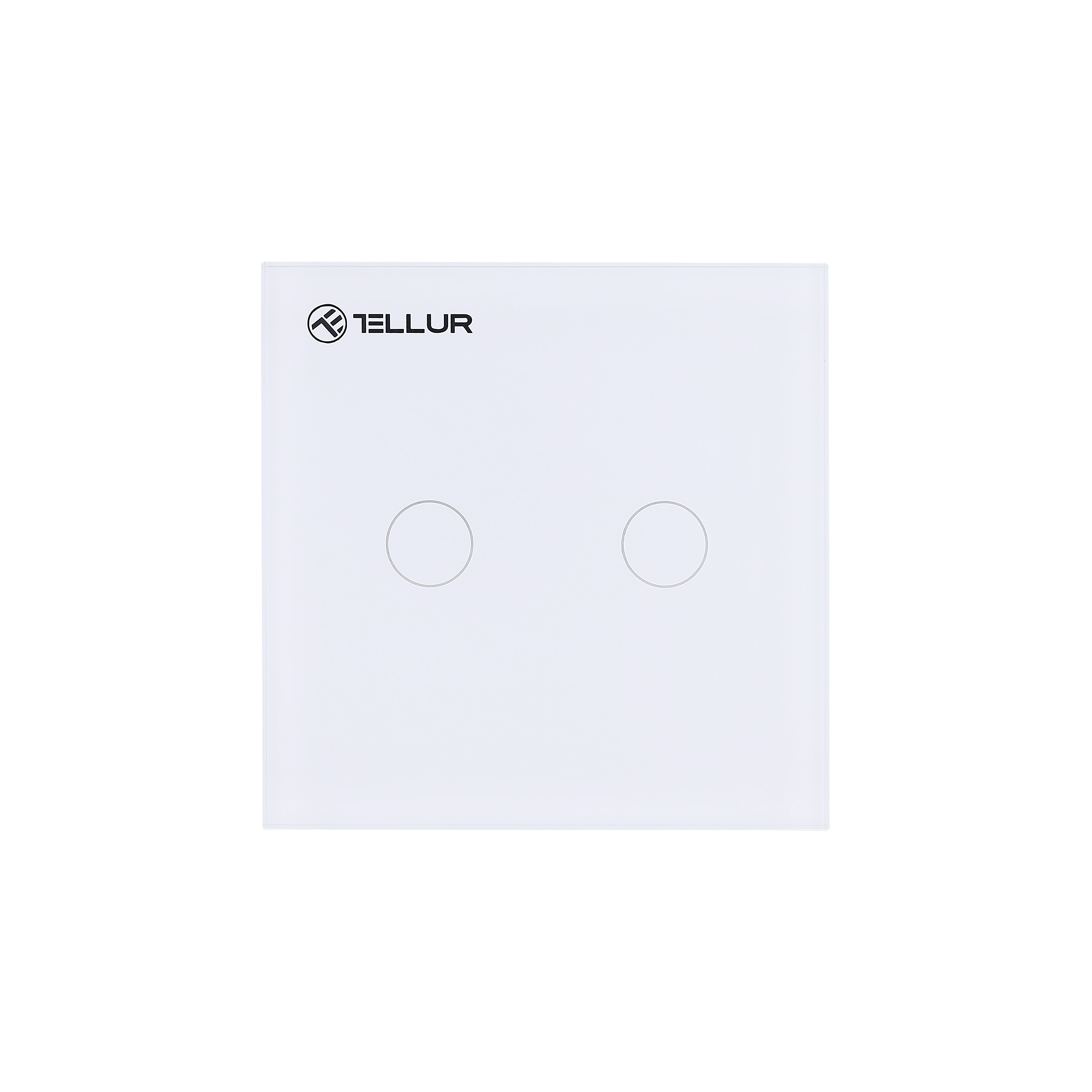 Interruptor de pared blanco con dos botones táctiles y el logotipo de Tellur.