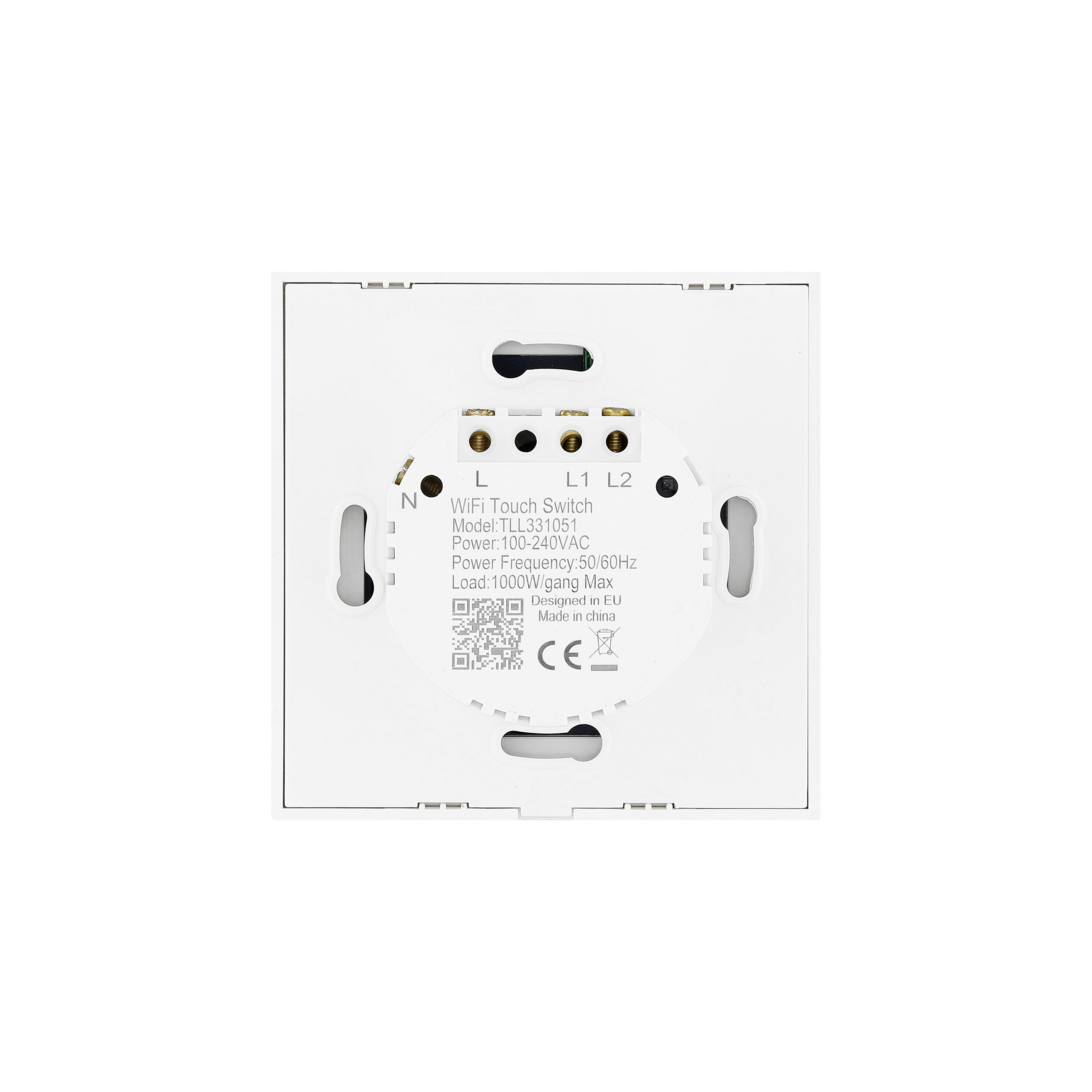 Interruptor táctil WiFi blanco. Etiquetas y símbolos en la parte frontal. Terminales y texto visibles.