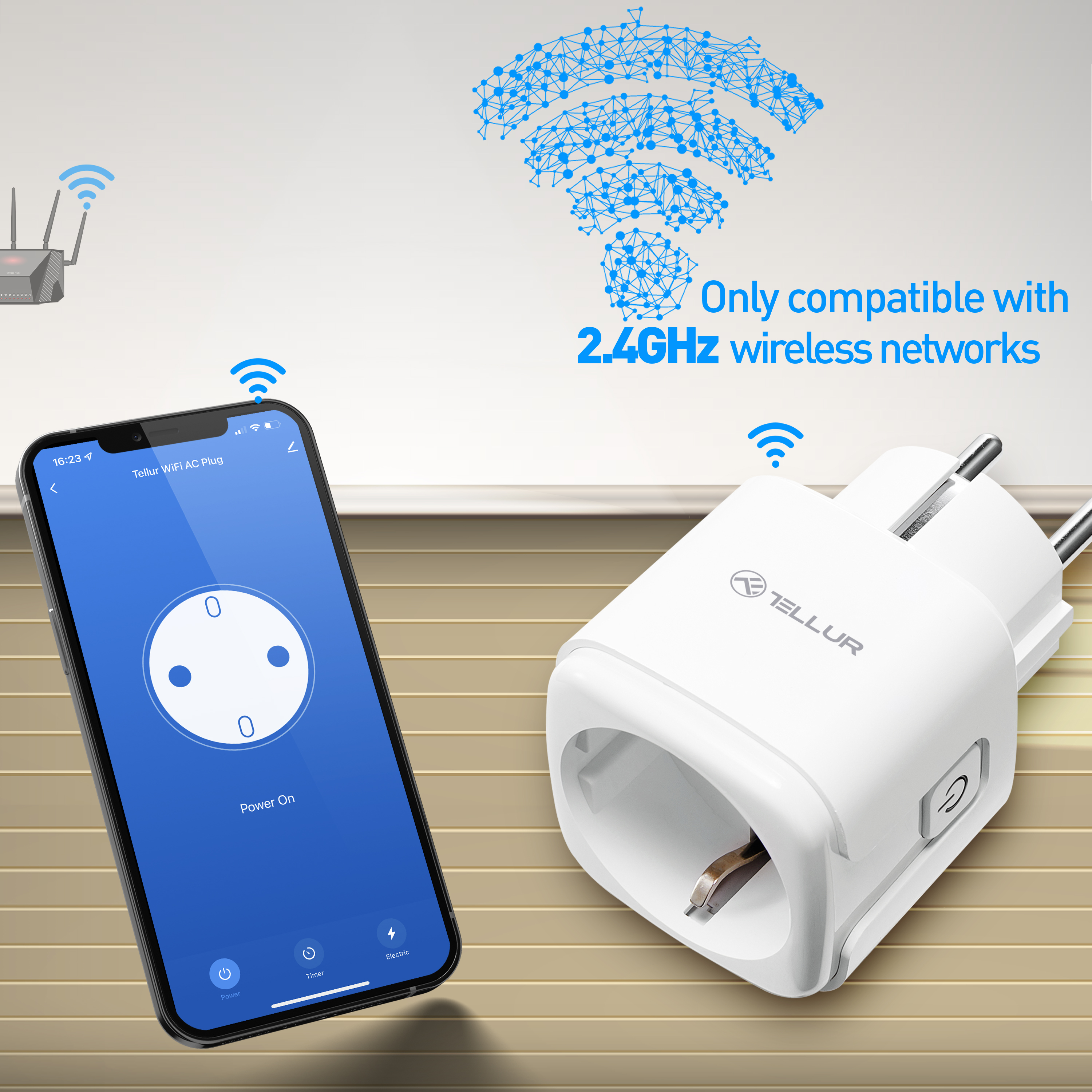 Inteligentne gniazdo z smartfonem i ikoną wifi. Kompatybilne tylko z wifi 2,4 GHz.