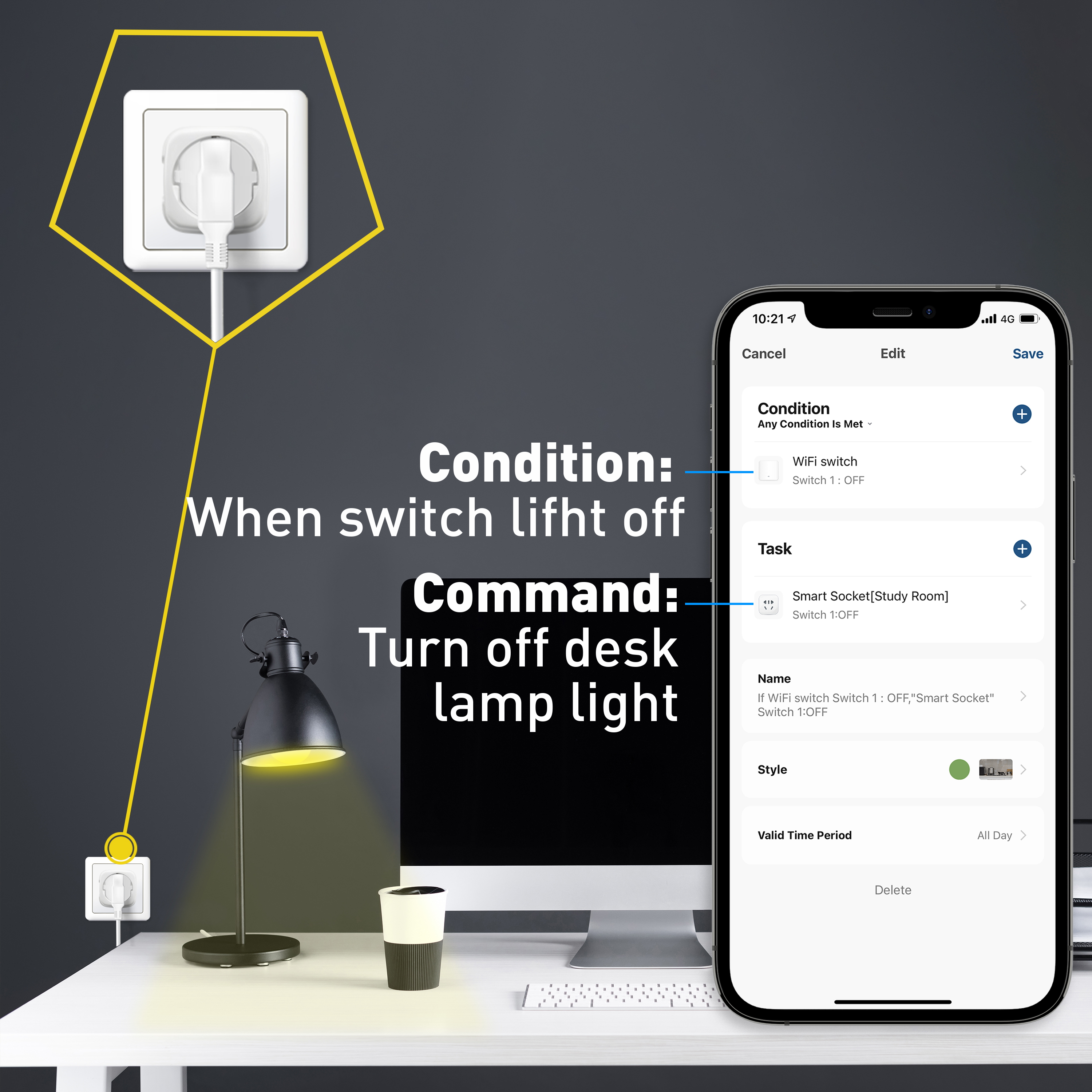 Ekran smartfona z ustawieniami aplikacji smart home. Lampa biurkowa włączona, wtyczka i ekran komputera.