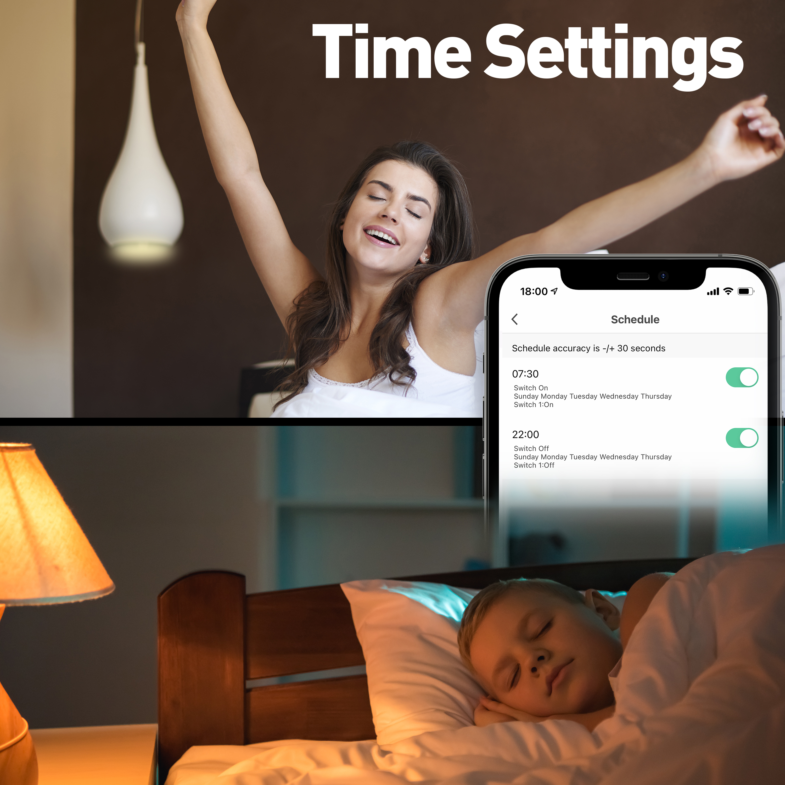 Kobieta w łóżku ustawia czas w telefonie i śpiące dziecko.