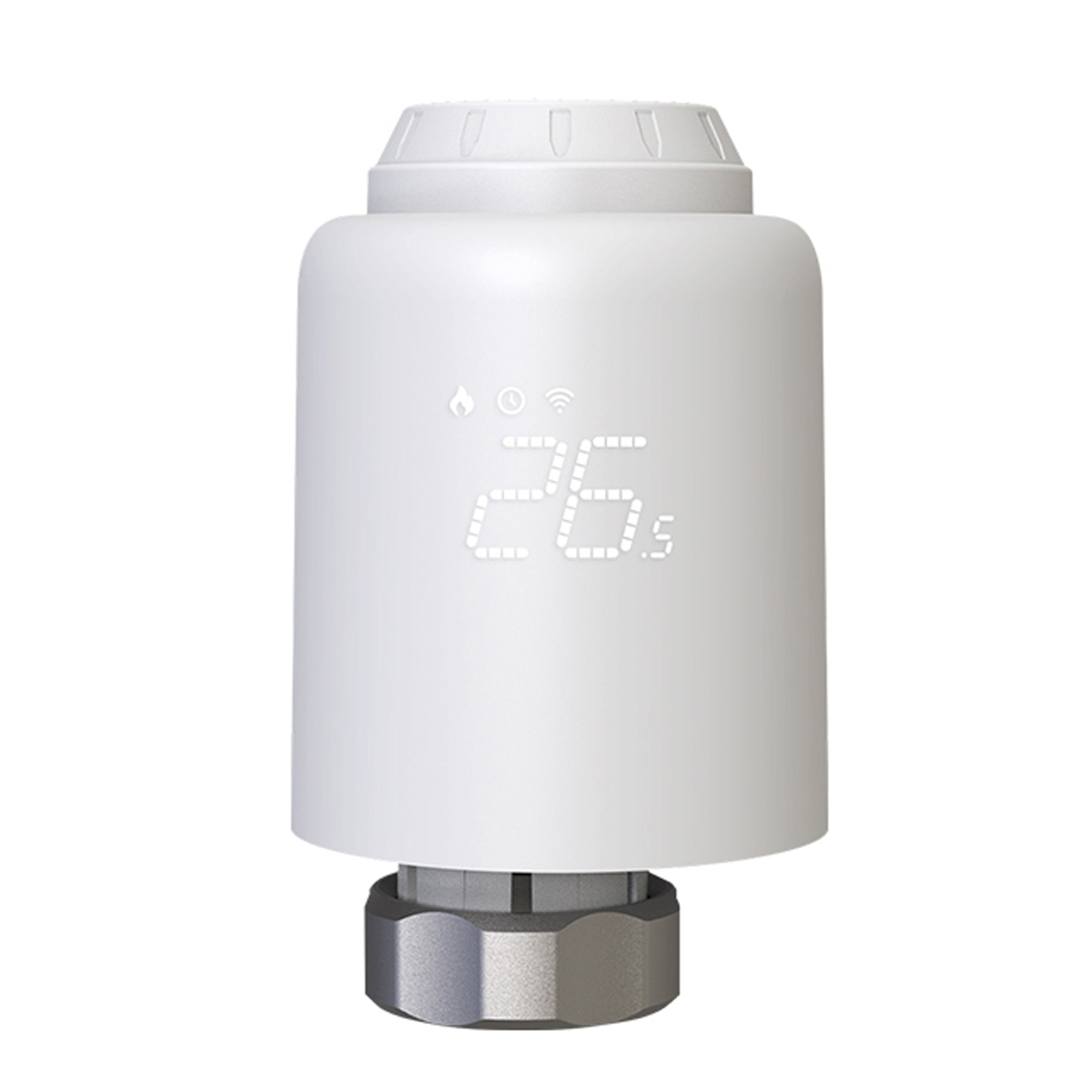 Termostato inteligente blanco con pantalla digital que muestra 26,5 grados Celsius.