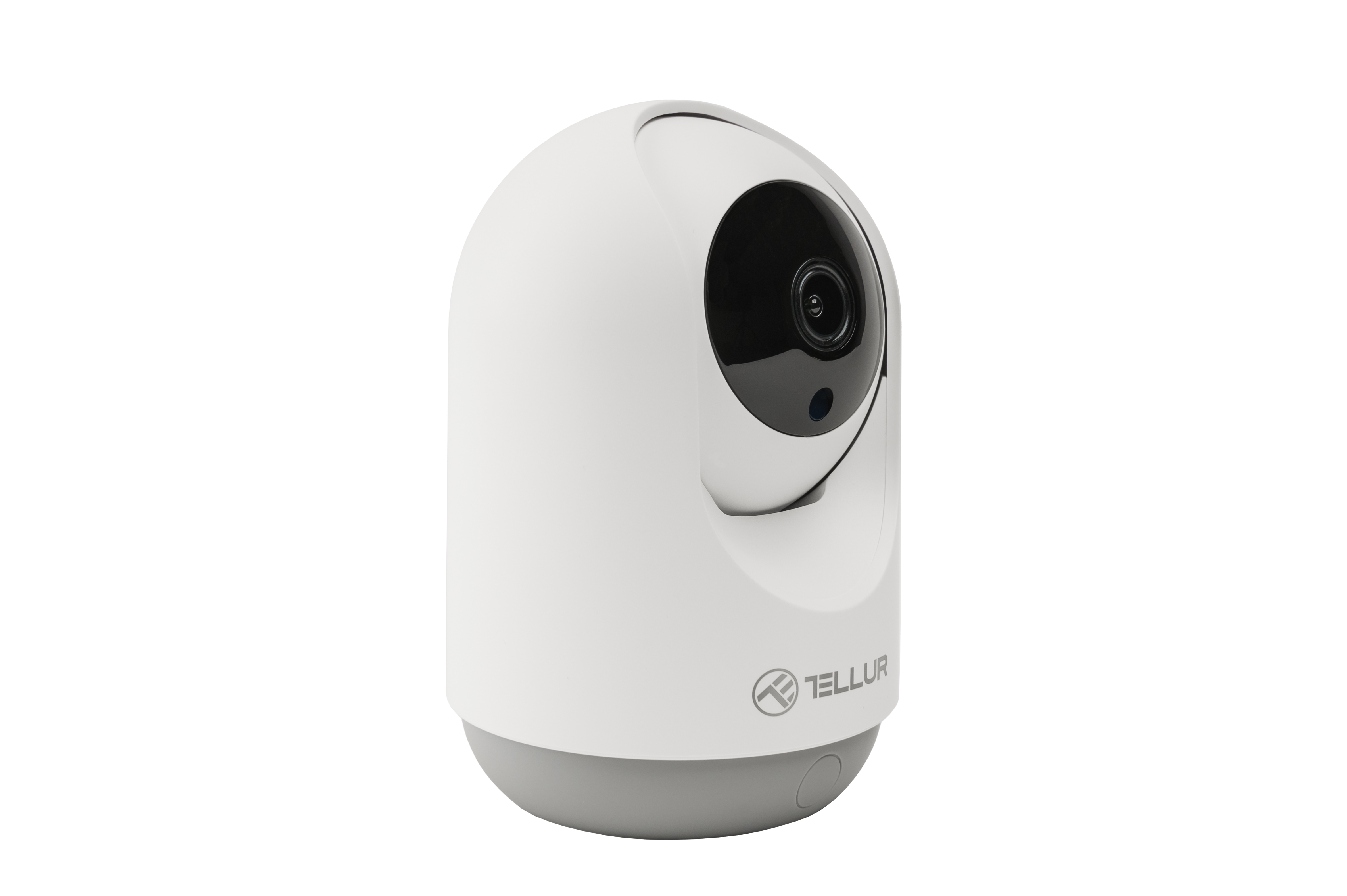 Biała kamera bezpieczeństwa z szarą podstawą. Ma czarny obiektyw i logo Tellur.