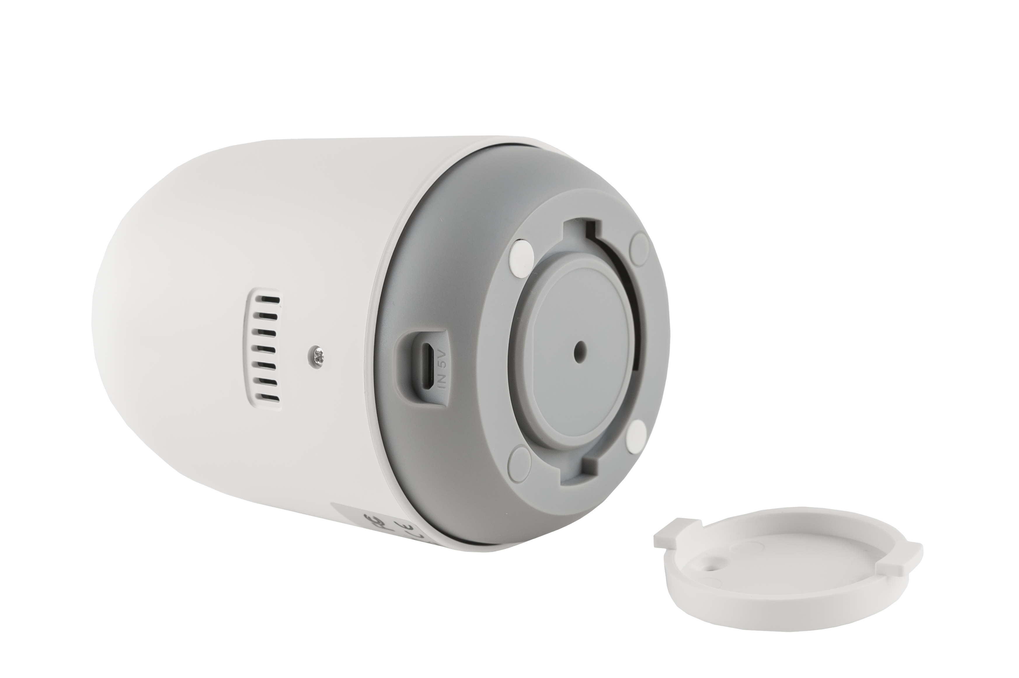 Biały i szary dyfuzor z zdjętą pokrywą. Posiada port USB i otwór wentylacyjny.