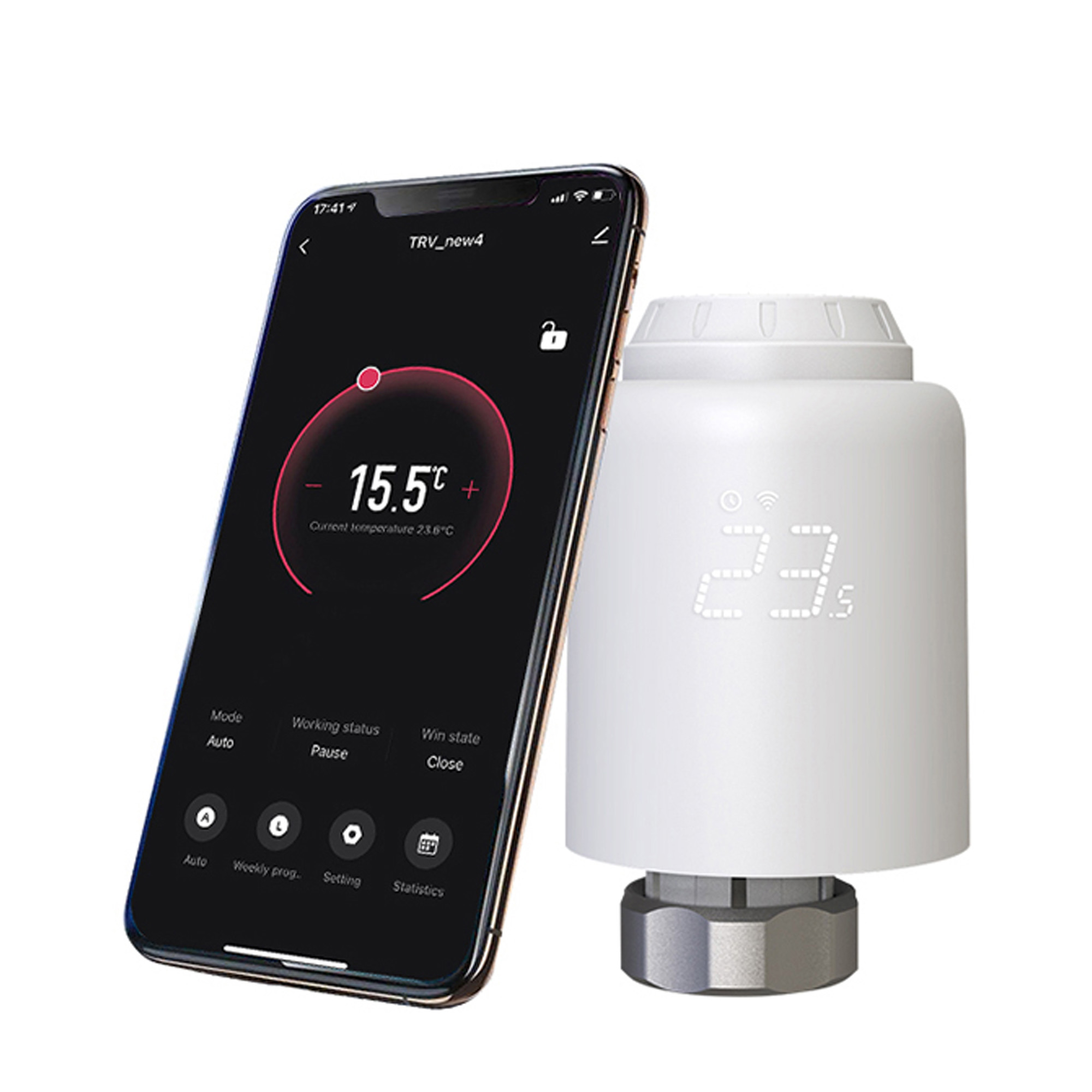 Smartphone muestra app de termostato y termostato inteligente blanco. Muestra 23.5 grados.
