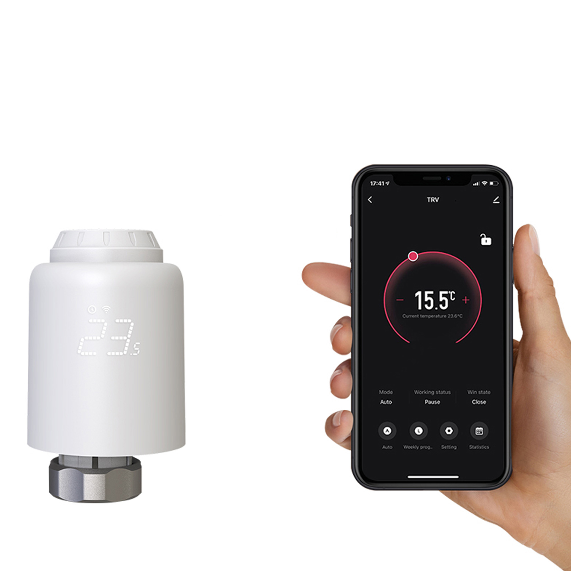 Un termostato inteligente y una mano que sostiene un teléfono con la configuración.