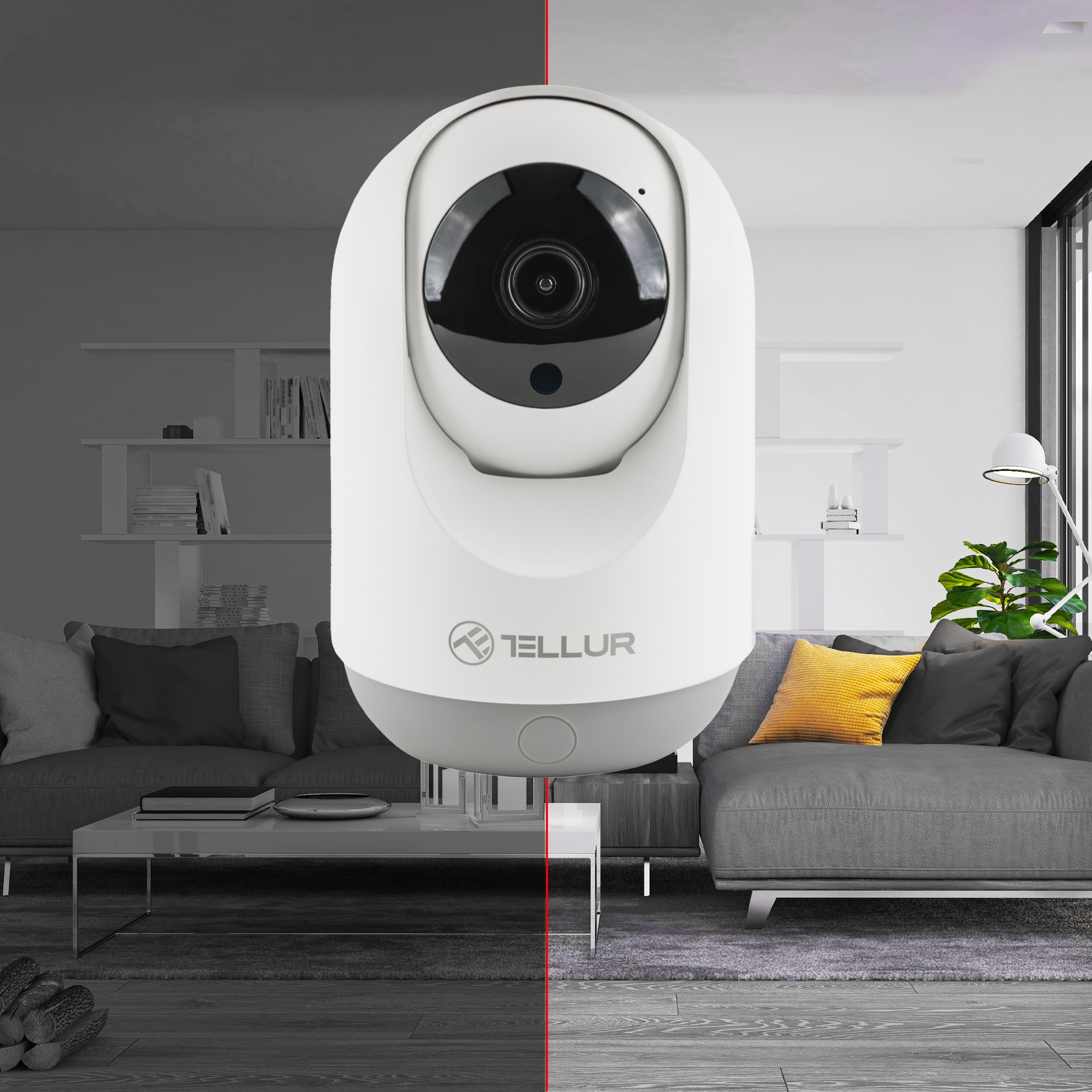 Biała kamera bezpieczeństwa. Tło to salon z sofą i stołem.