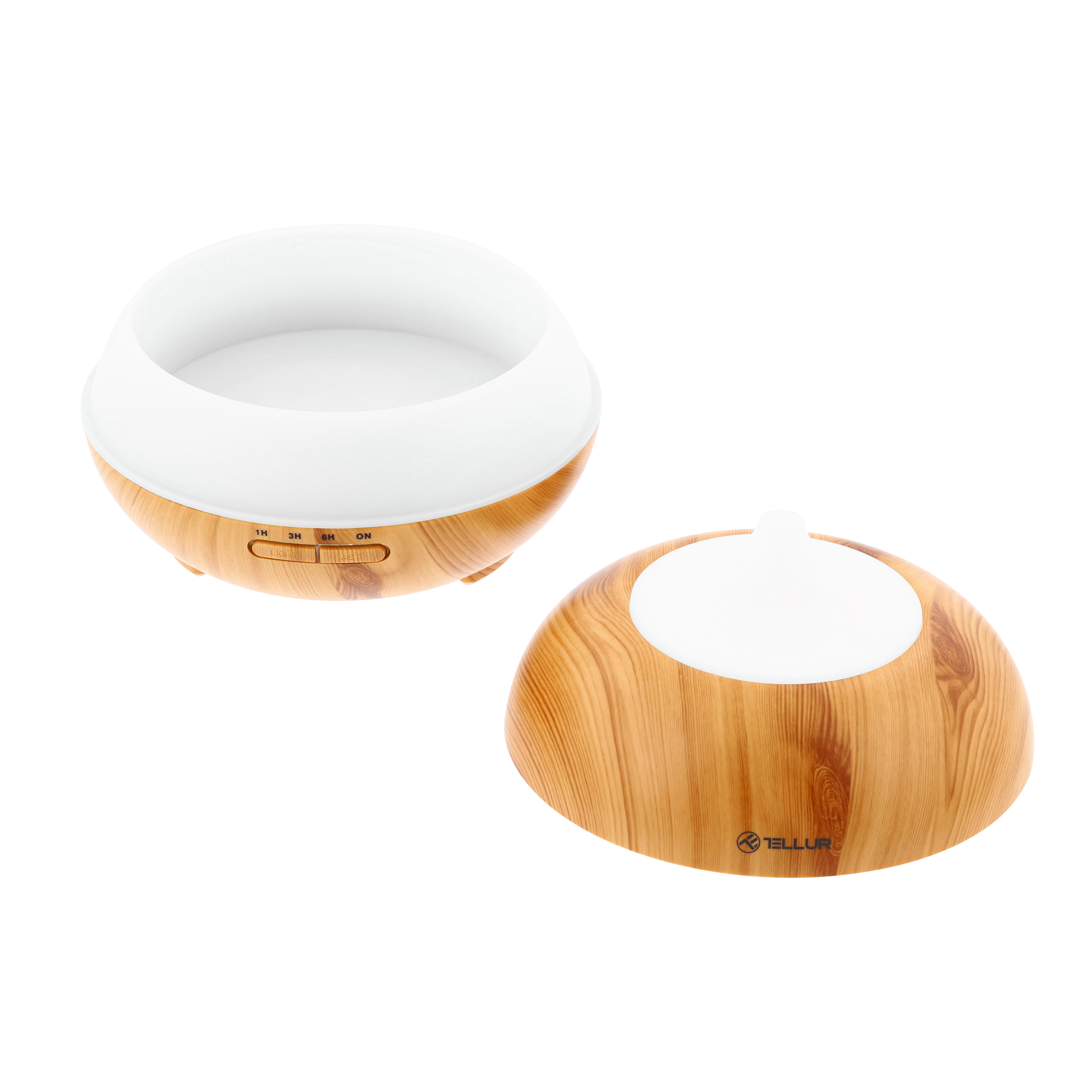 Un difusor de madera con tapa blanca y tapa separada, mostrando controles.