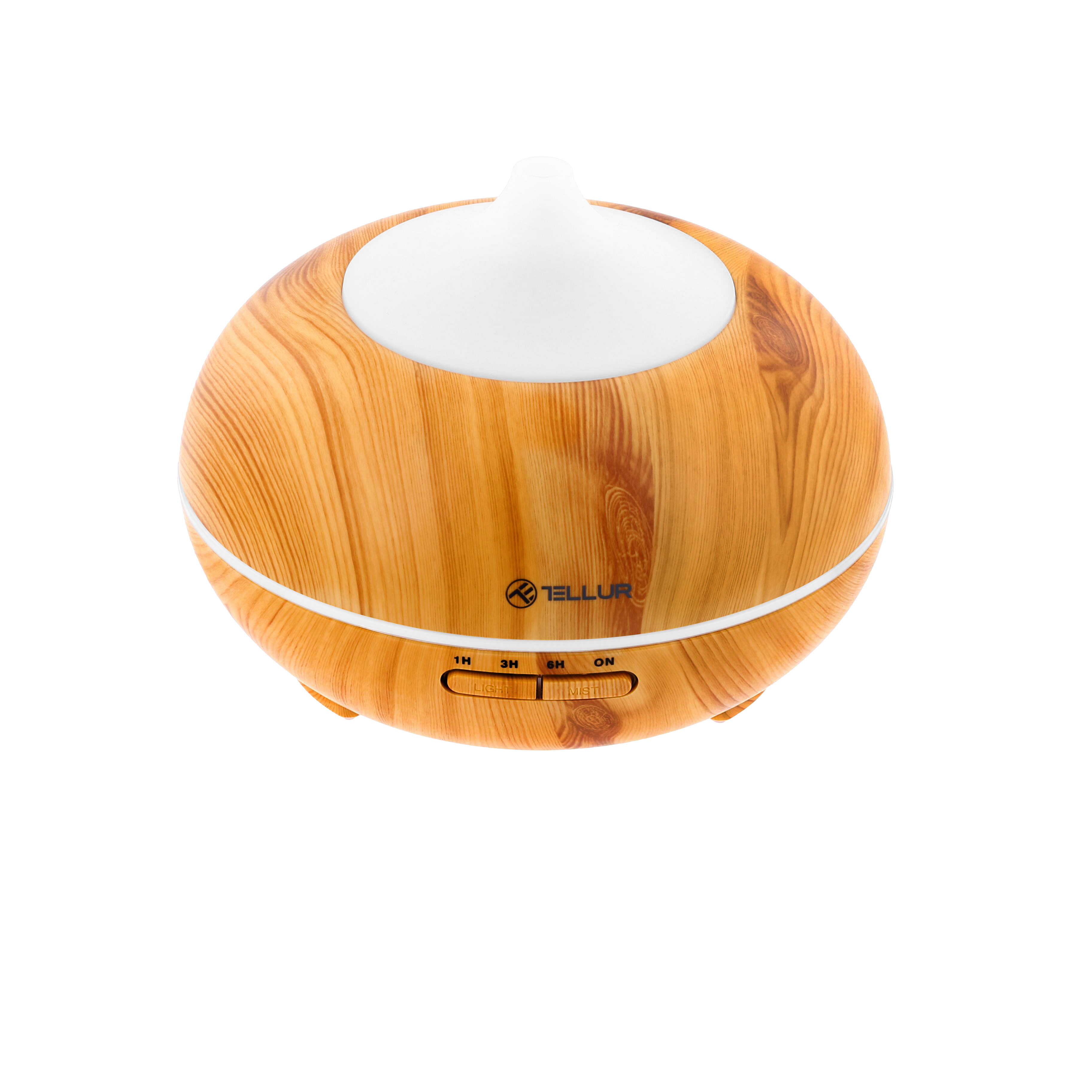 Difusor con diseño de madera con tapa blanca y botones táctiles.