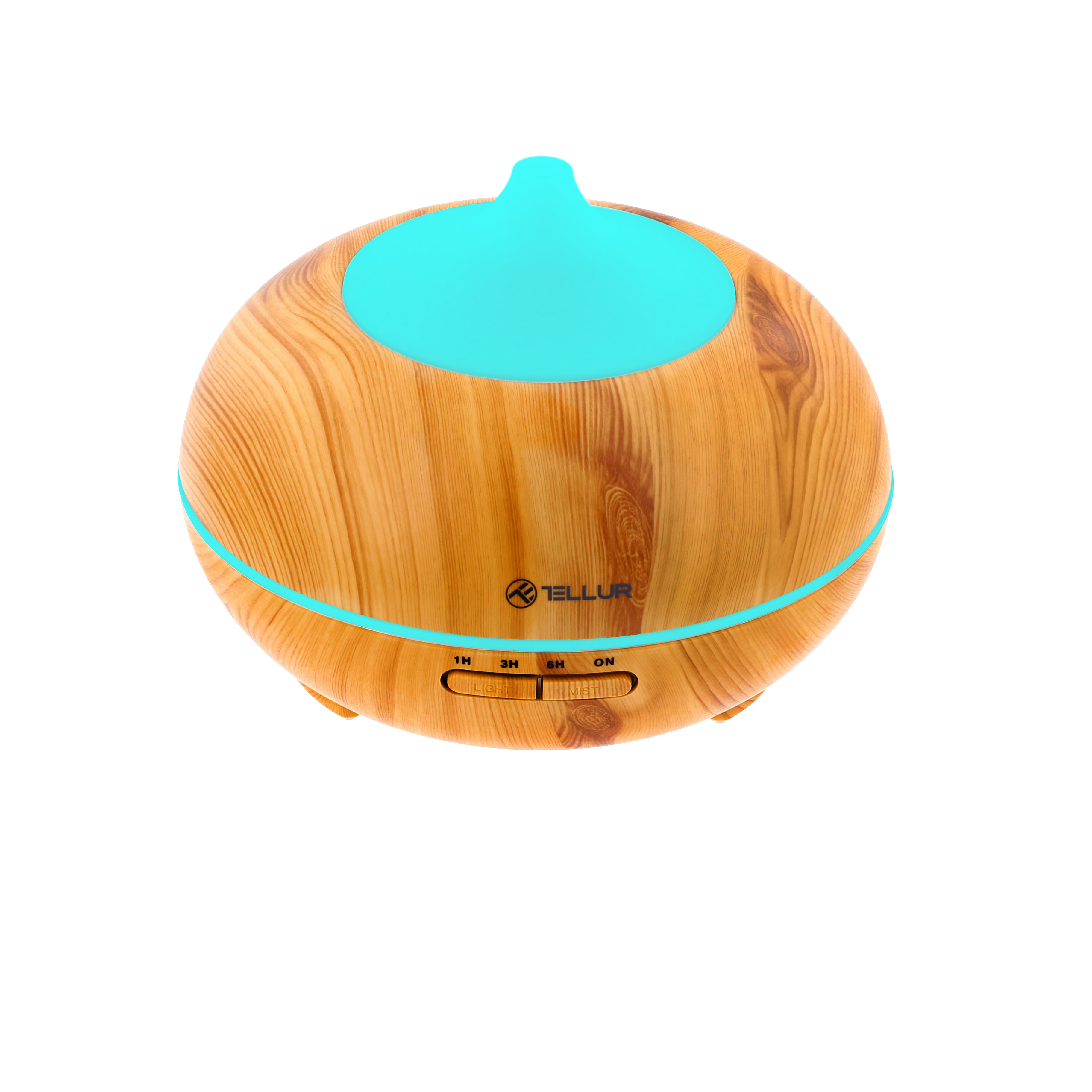 Humidificador de grano de madera con tapa turquesa. Nombre de la marca Tellur al frente. Fondo blanco.