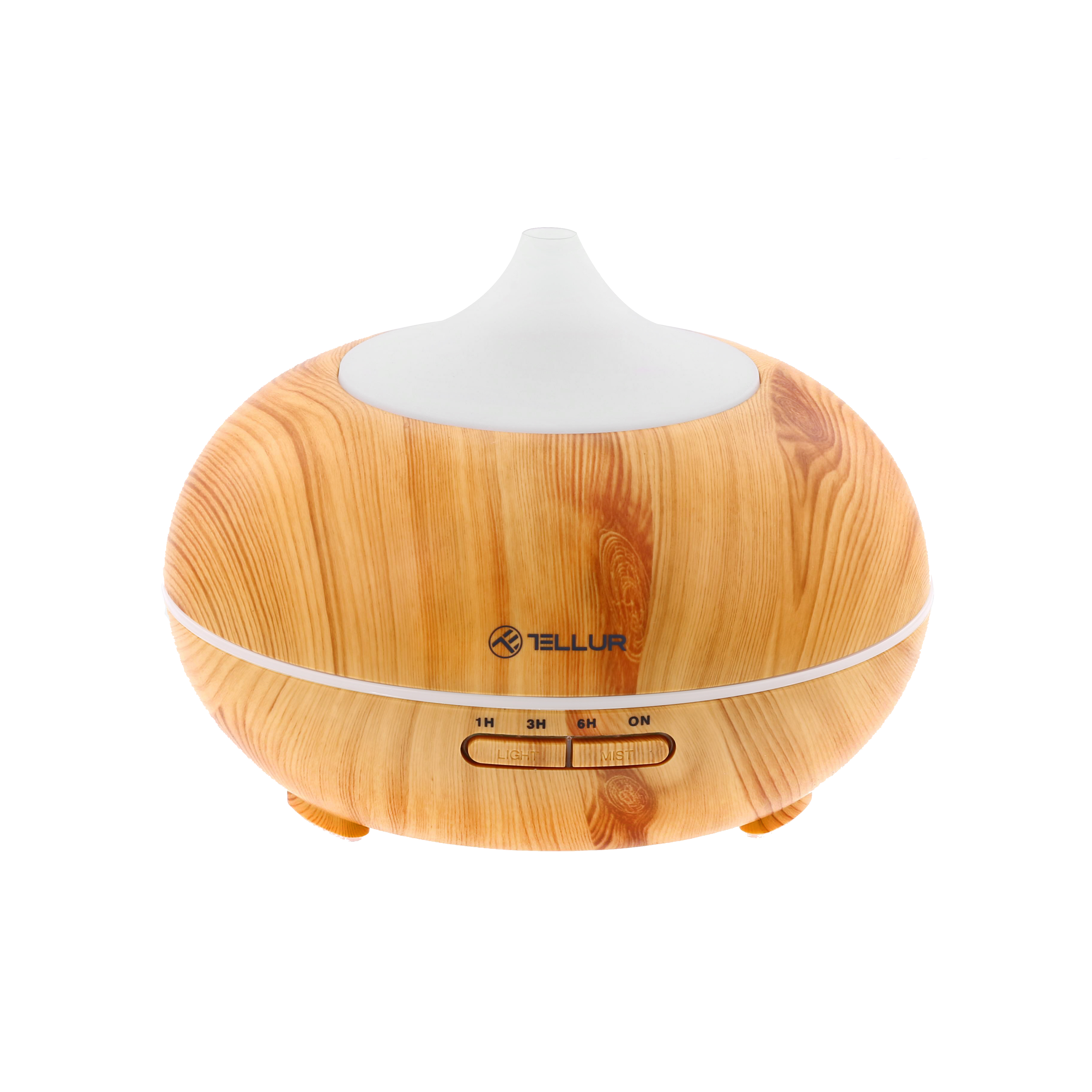 Difusor con vetas de madera y parte superior blanca. Botones e indicador de luz al frente.