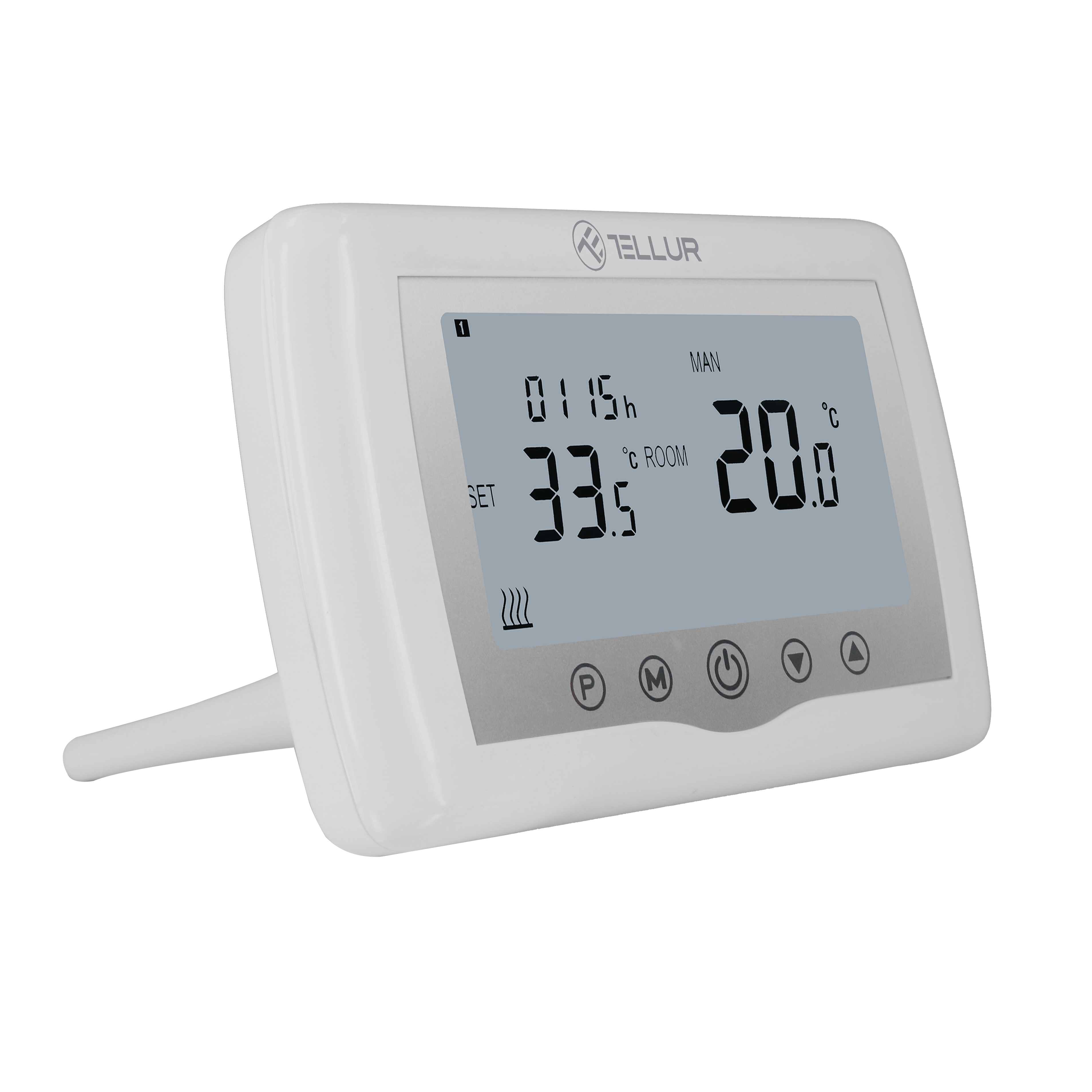 Termostato digital blanco con pantalla mostrando temperatura y ajustes.