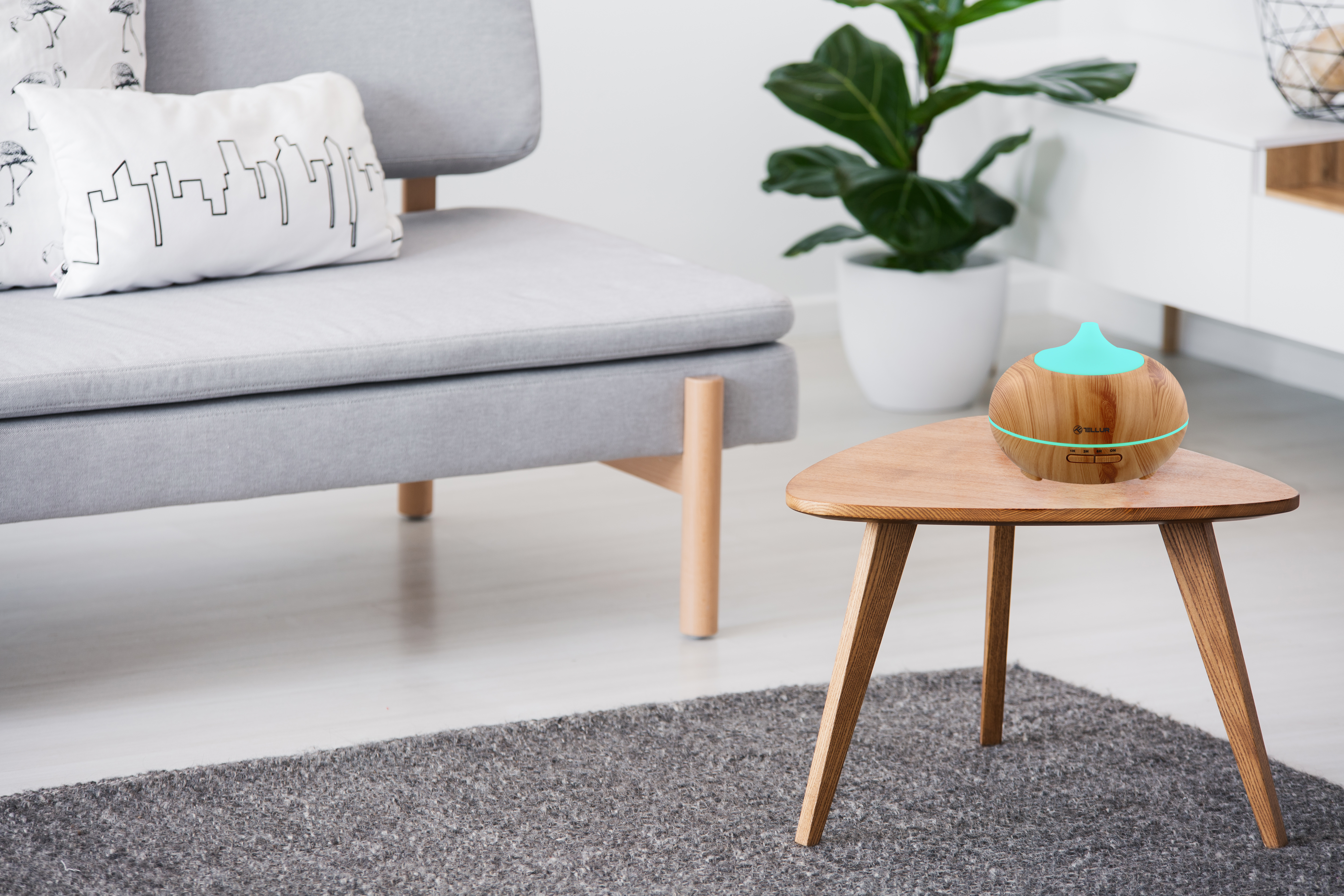Mesa de madera con difusor, rodeada de una sala con sofá y planta.