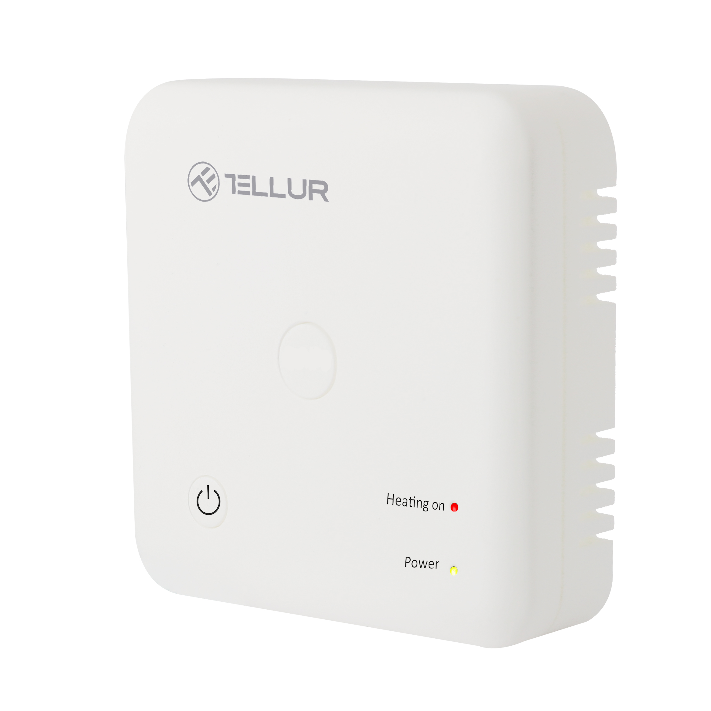 Un dispositivo Tellur blanco con un botón de encendido, indicadores de calefacción y encendido.