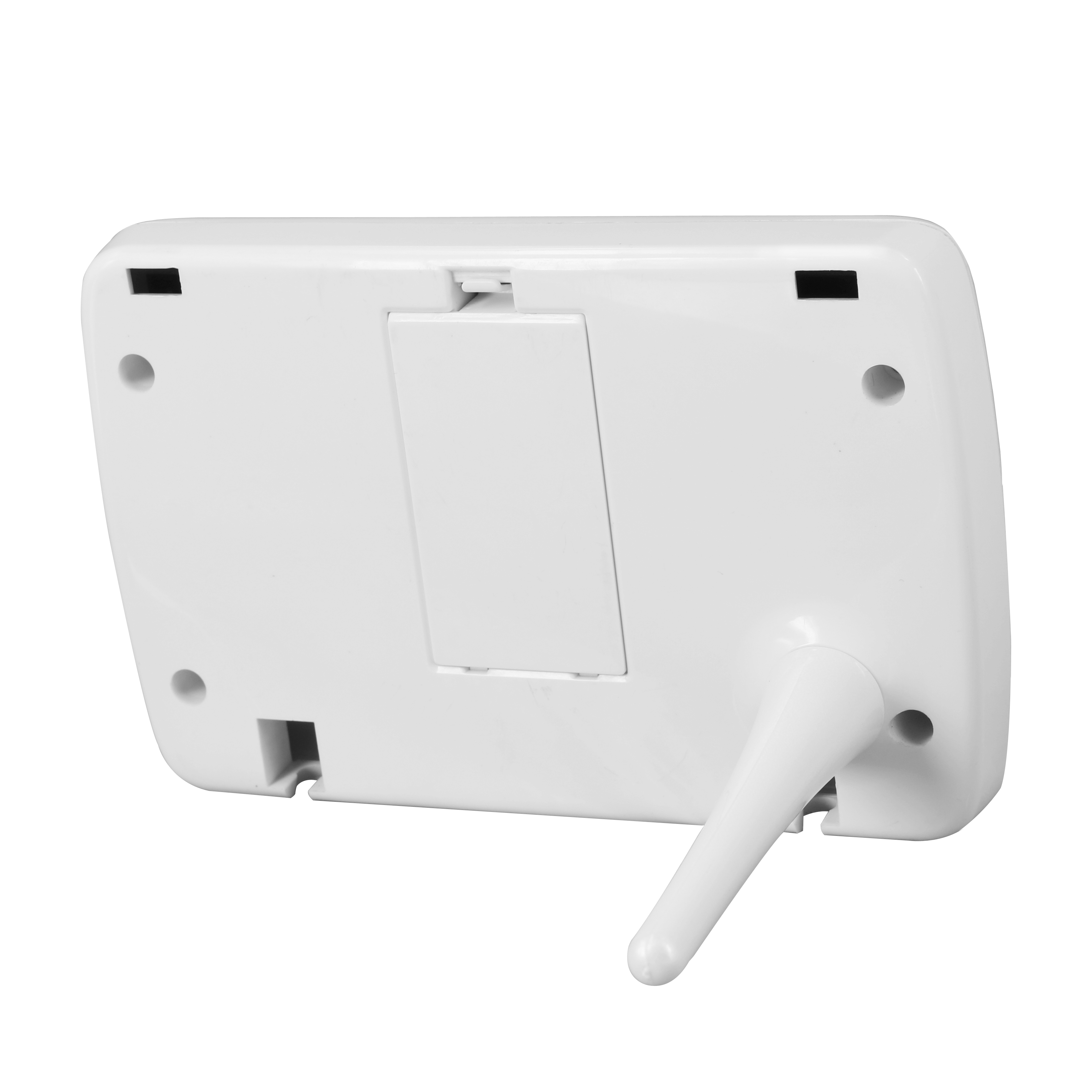 Dispositivo electrónico blanco, vista trasera. Tiene un soporte, varios orificios y un compartimento para batería.