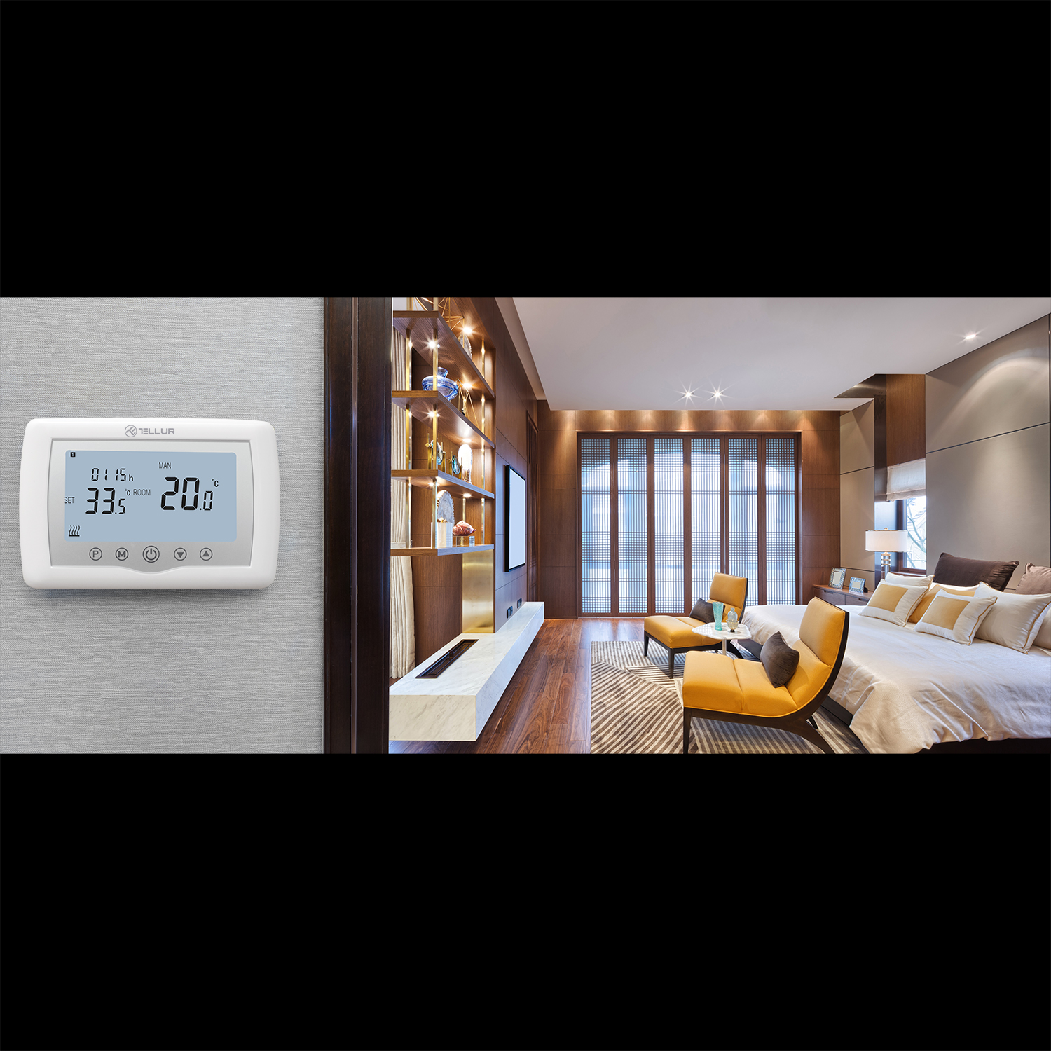 Termostato en una pared, vista interior de un dormitorio. Diseño moderno.