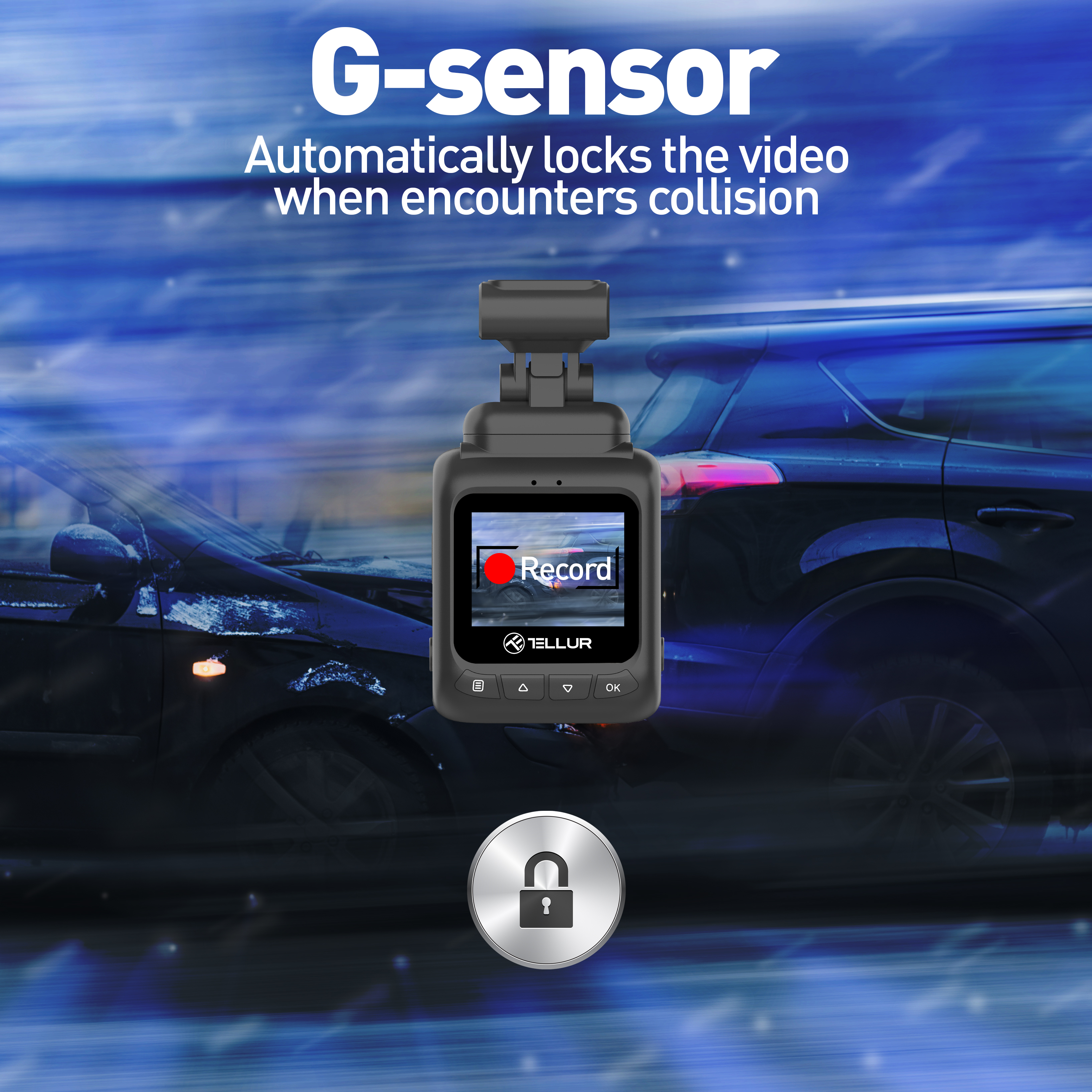 Kamera samochodowa z ekranem wyświetlającym 'Record'. Samochód w ruchu w tle.