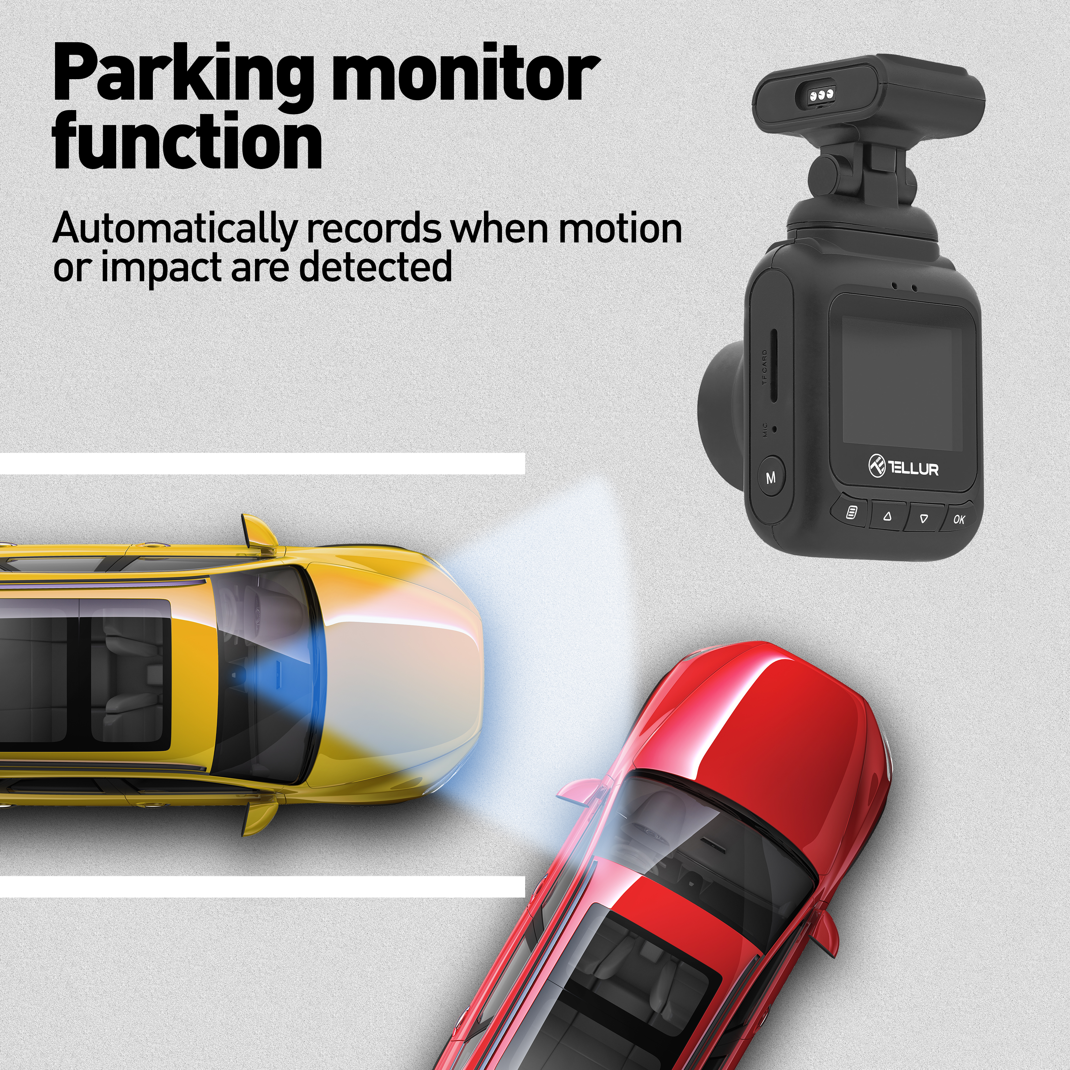 Kamera deski rozdzielczej pokazująca żółty i czerwony samochód.