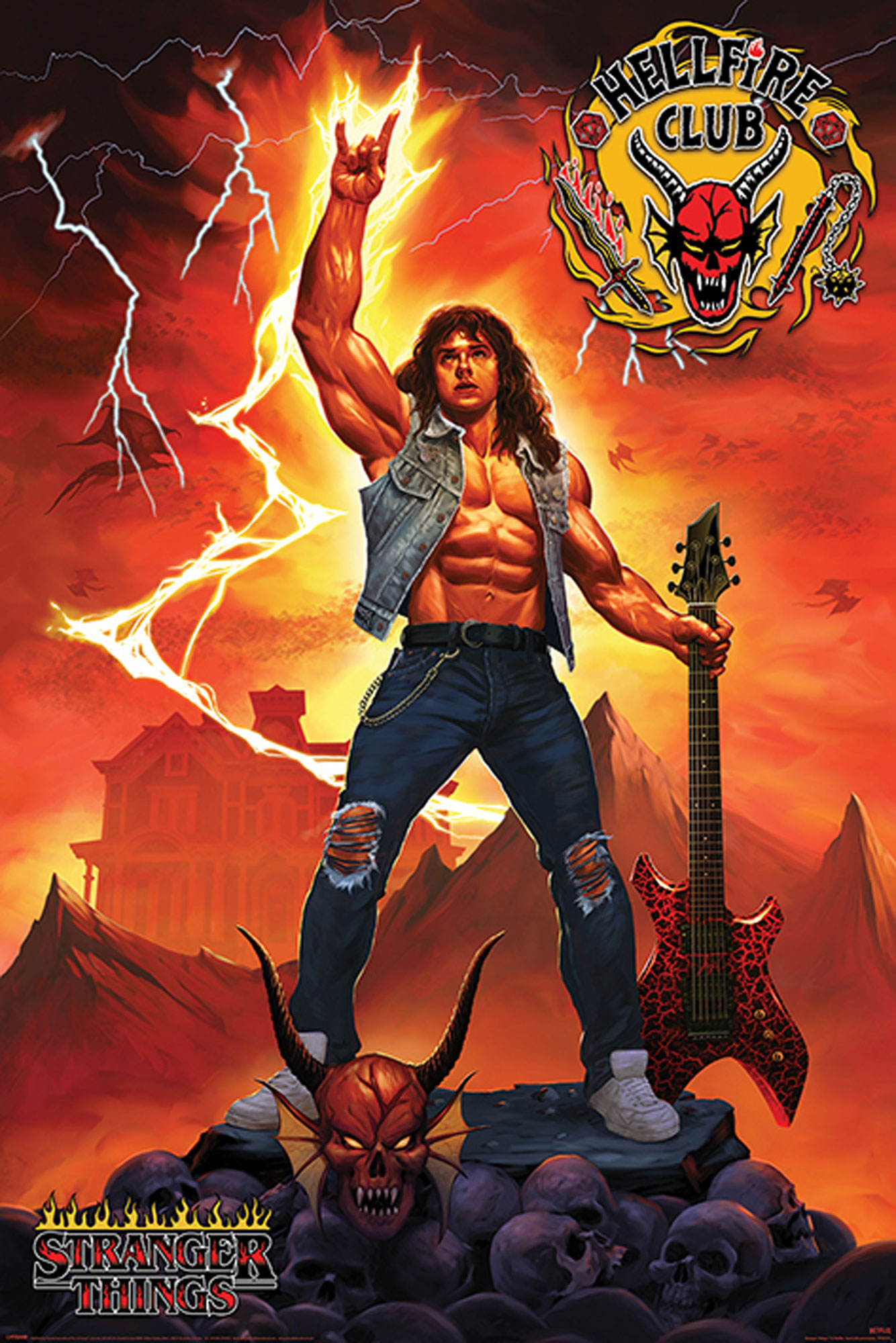 Ein Mann mit Gitarre und Hellfire Club Logo. Der Hintergrund ist eine feurige Szene.