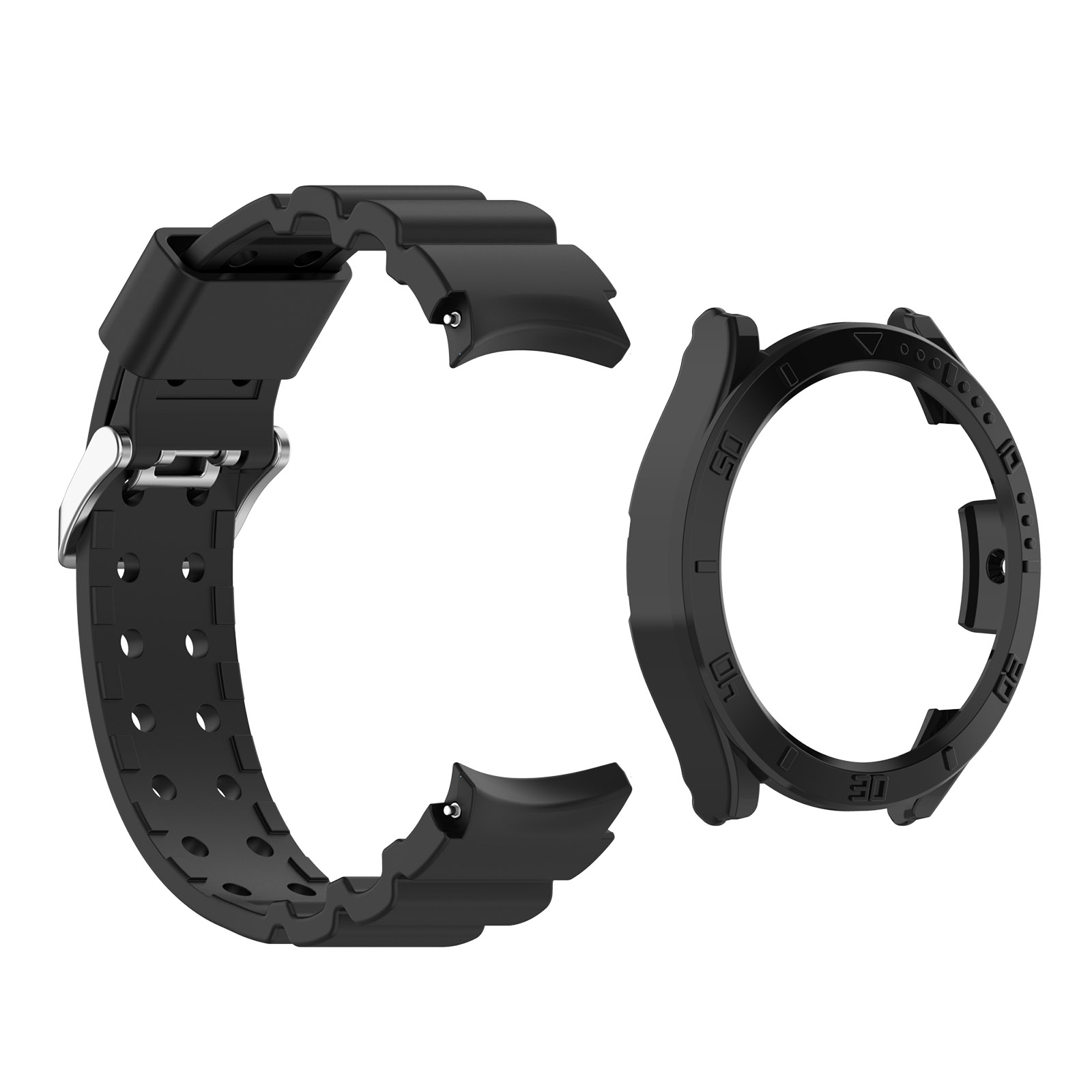 Schwarze Uhrenarmbänder und ein Uhrengehäuse. Teile sind getrennt.
