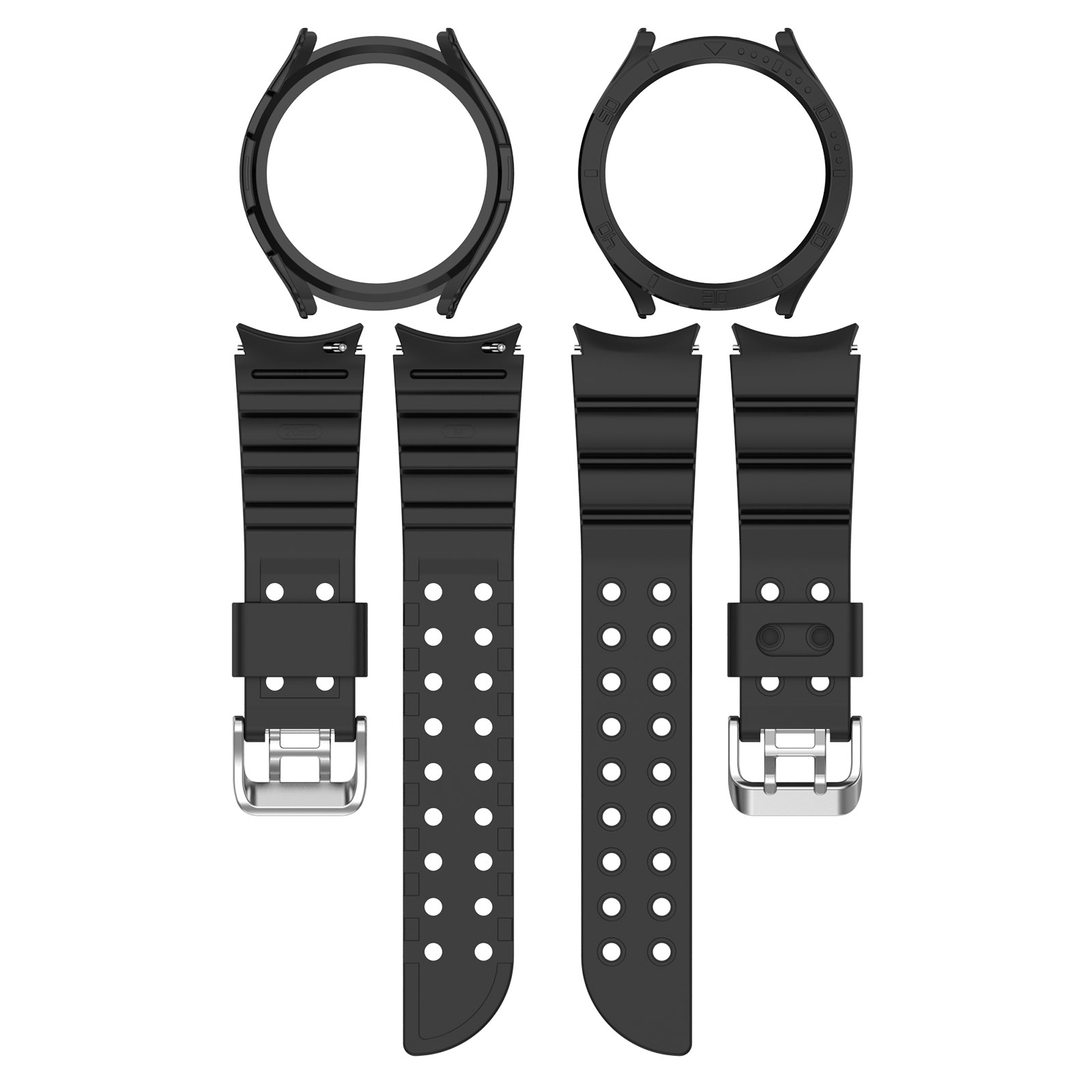 Schwarze Uhrenarmbänder und Gehäuseteile vor weißem Hintergrund.