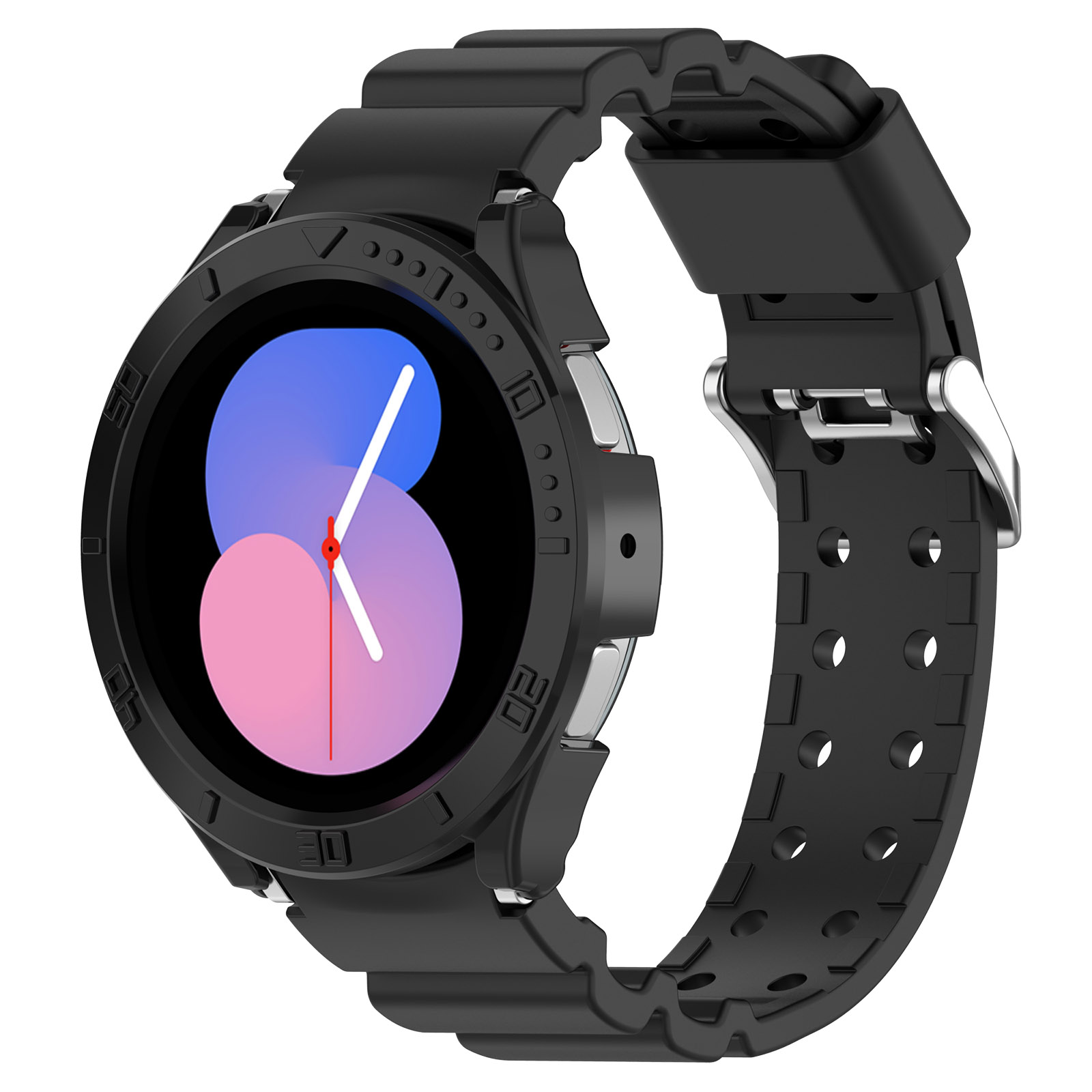 Schwarze Smartwatch mit schwarzem Armband, zeigt die Uhrzeit. Das Zifferblatt hat blaue und pinke Kreise.