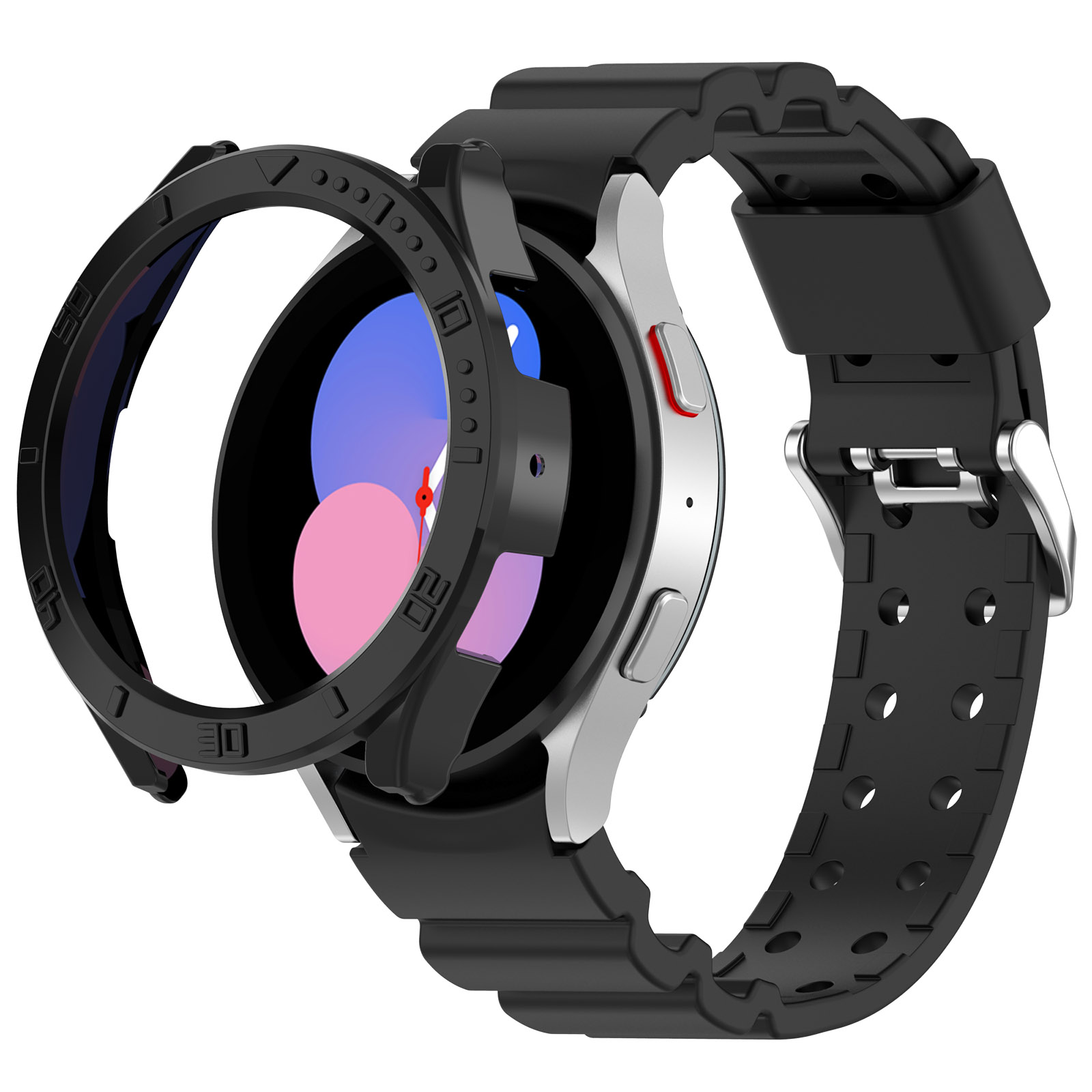 Smartwatch mit schwarzem Gehäuse, schwarzem Armband und schwarzer Lünette, auf weißem Hintergrund.
