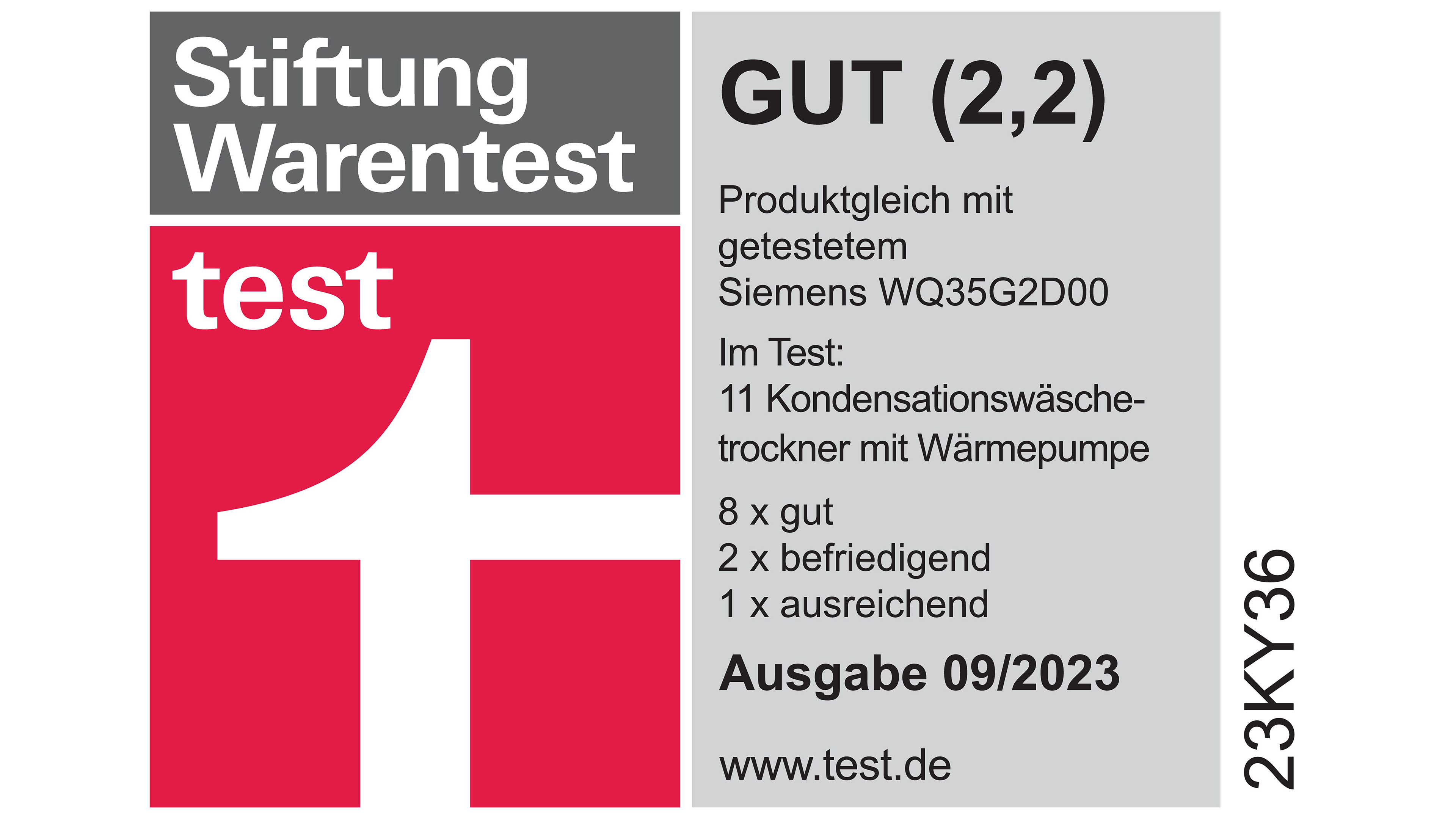 Stiftung Warentest Siegel GUT (2,2) für Siemens WQ35G2D00 aus Ausgabe 09/2023.