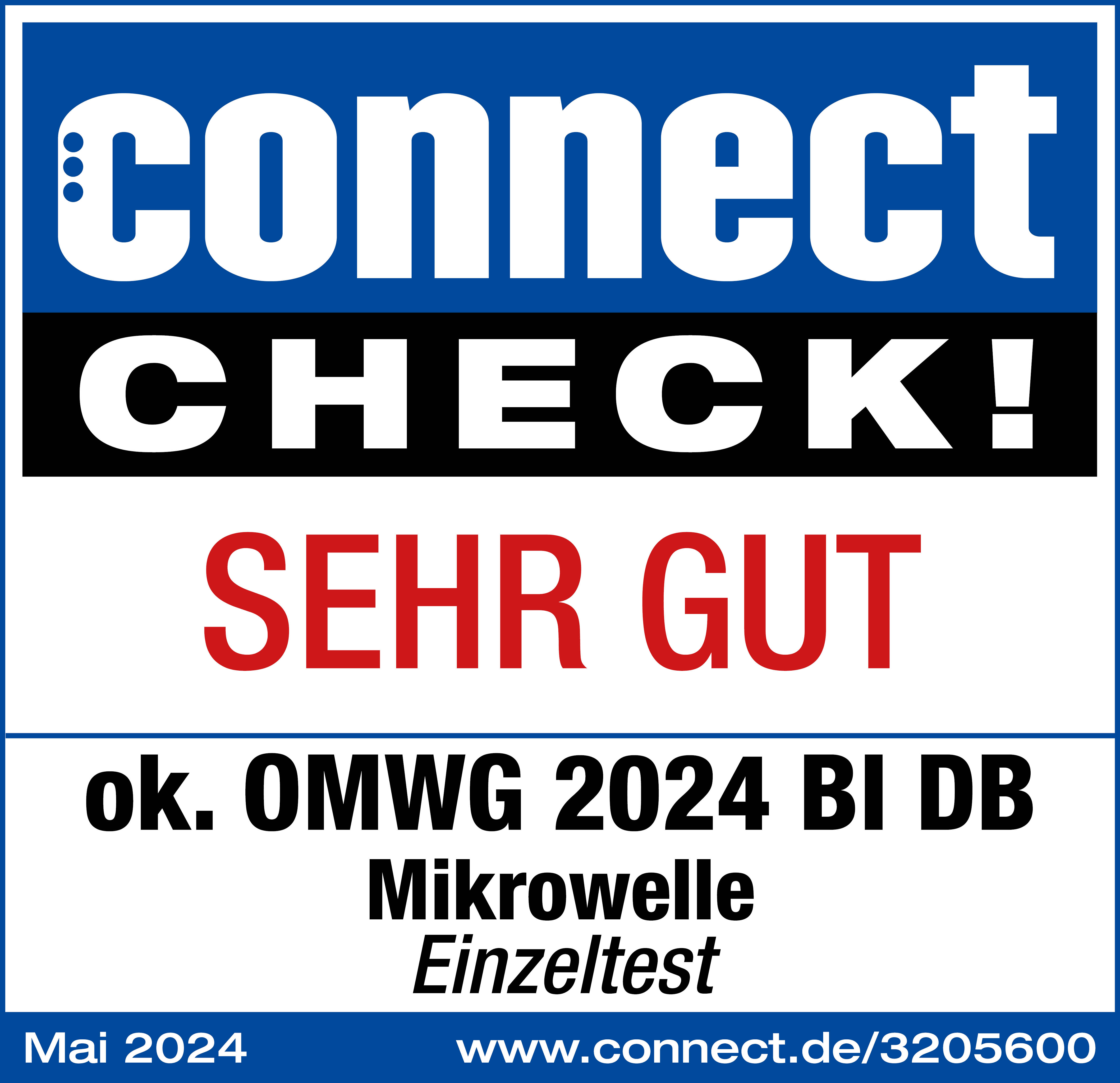 Connect CHECK!-Logo, Bewertung SEHR GUT und Details zu einem Mikrowellen-Einzeltest vom Mai 2024.