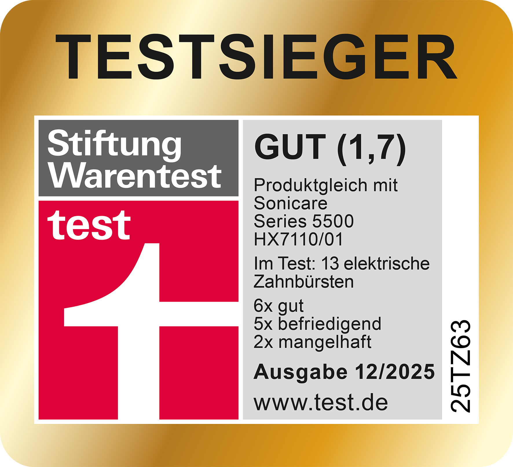 Bild mit Text: 'TESTSIEGER', 'Stiftung Warentest' und 'GUT (1,7)'. Es listet auch Produktdetails und Testergebnisse.