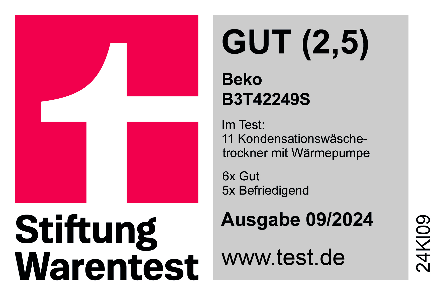 Stiftung Warentest Logo mit Beko Trocknertest-Ergebnis: GUT (2,5).