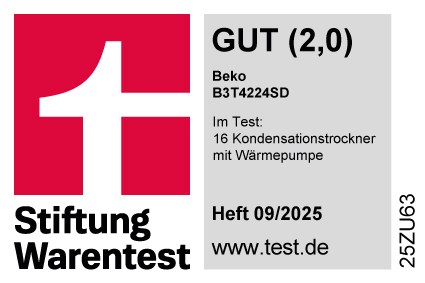 Das Bild zeigt ein rot-weißes Logo mit Text. Es enthält auch Text über ein Produkttestergebnis, einschließlich der Marke Beko.