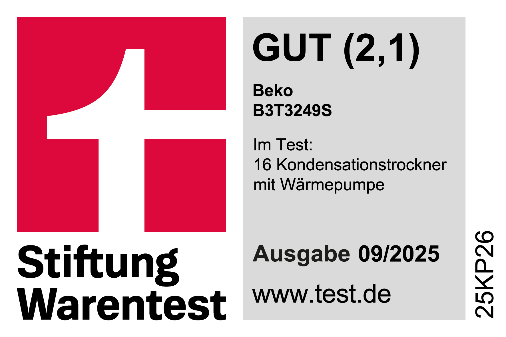 Stiftung Warentest Prüfsiegel für Beko B3T3249S Wäschetrockner mit Wärmepumpe.