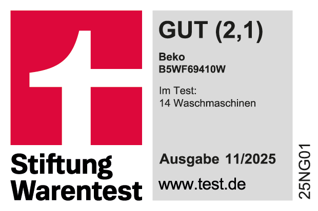 Stiftung Warentest Logo mit GUT (2,1) Bewertung für Beko B5WF69410W Waschmaschine.