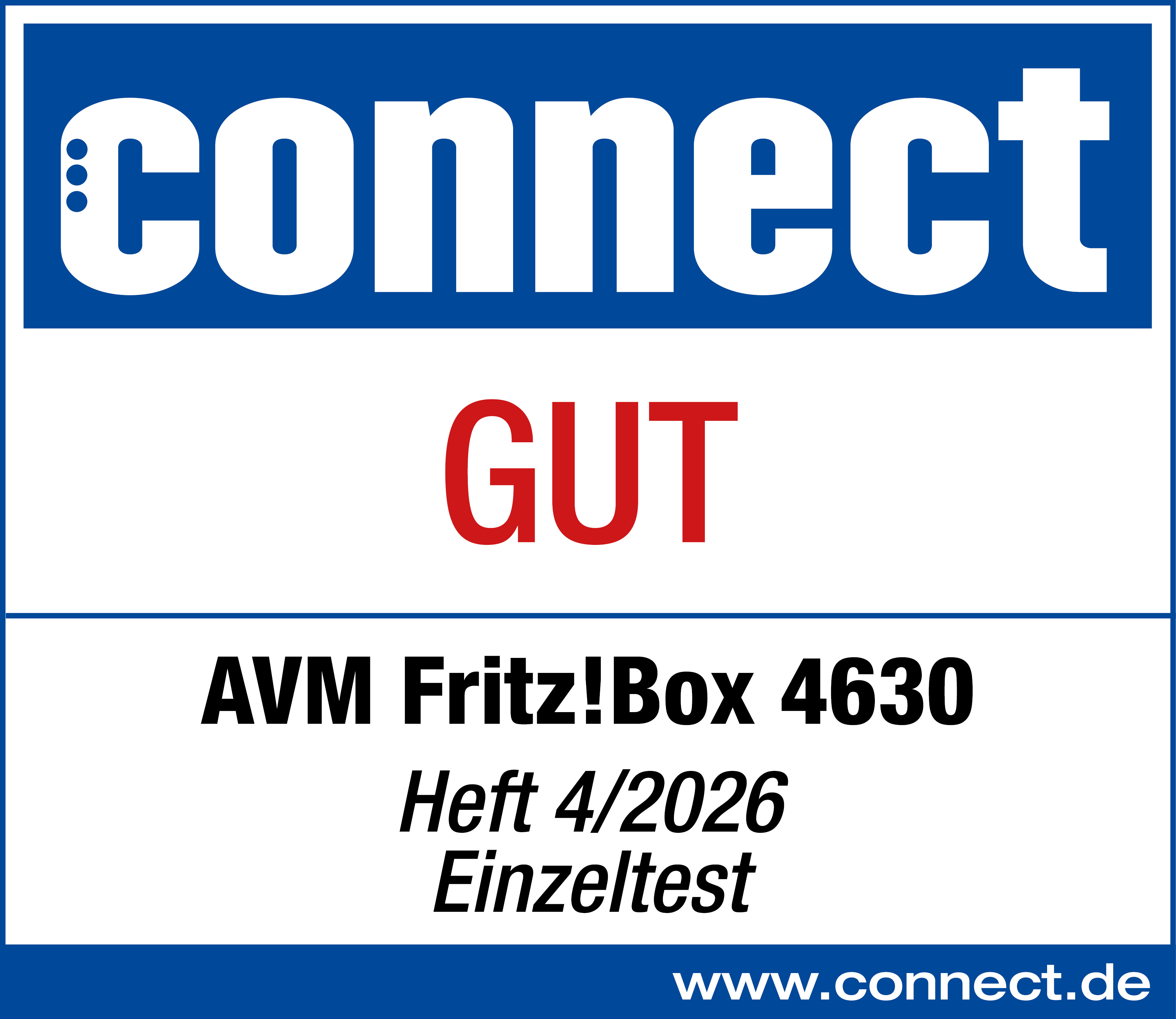Connect Logo, GUT, AVM Fritz!Box 4630, Heft 4/2026 Einzeltest, www.connect.de