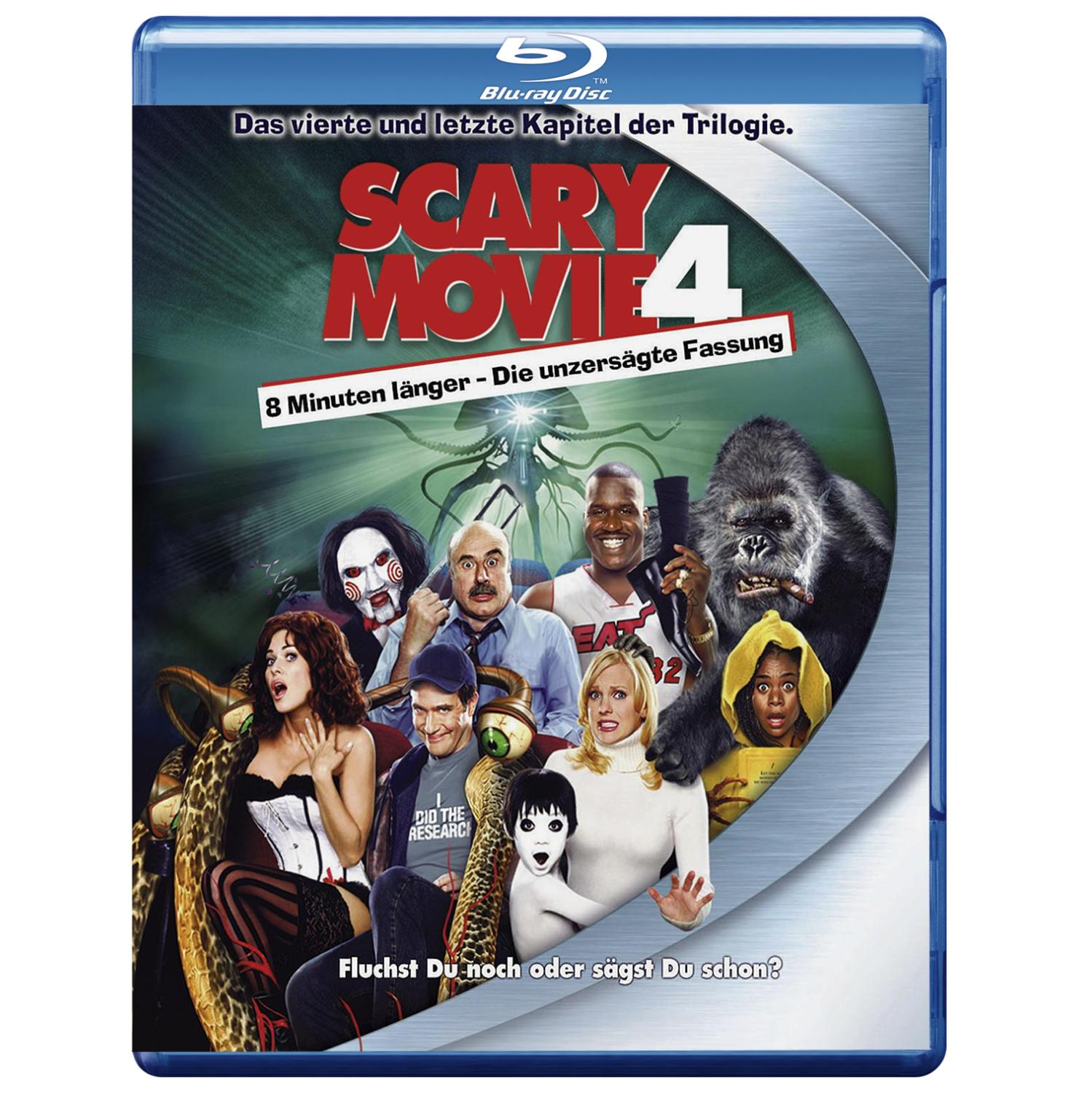 Scary Movie 4 Blu-ray Cover. Enthält eine Gruppe von Schauspielern und Charakteren aus dem Film, einen Gorilla und ein Alien.