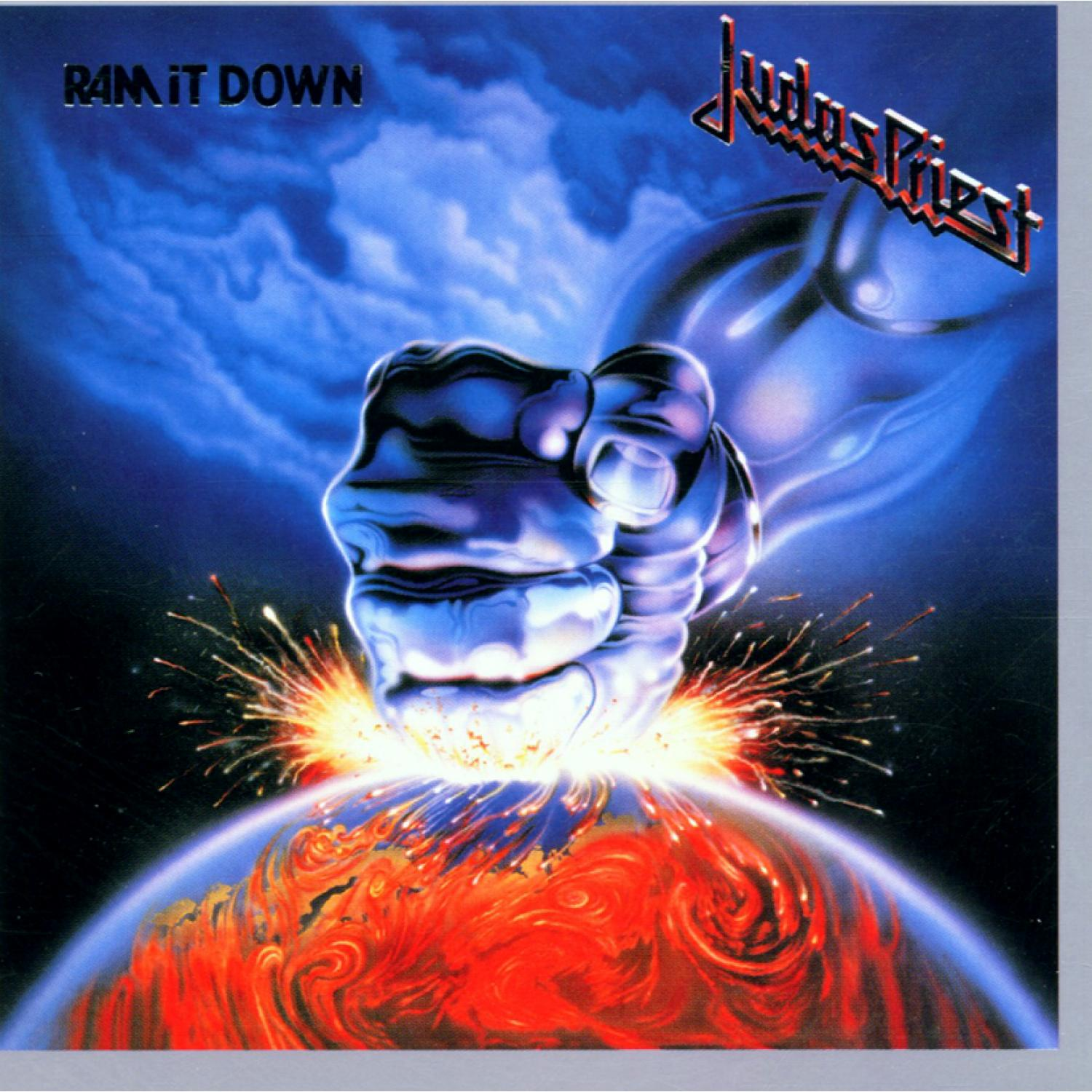 Albumcover 'Ram It Down' von Judas Priest, zeigt eine Metallfaust auf der Erde mit Explosionen.
