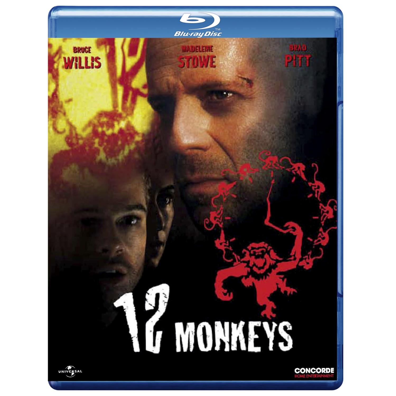 DVD-Cover: Bruce Willis, Brad Pitt, Gesichter mit Text '12 Monkeys', rotes Affen-Graphic.