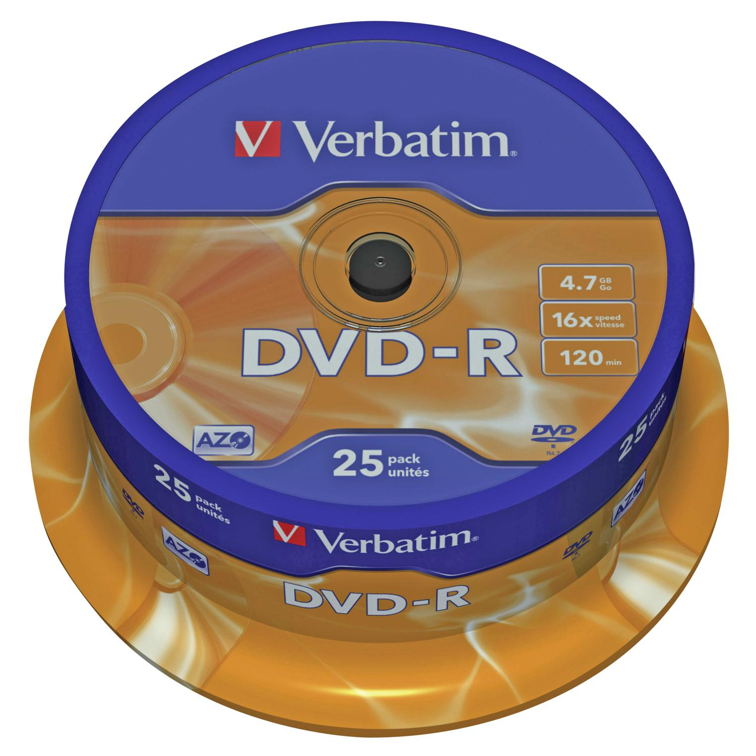 DVD-R-Discs gestapelt, verpackt in einer blau-orangenen Verbatim-Verpackung.