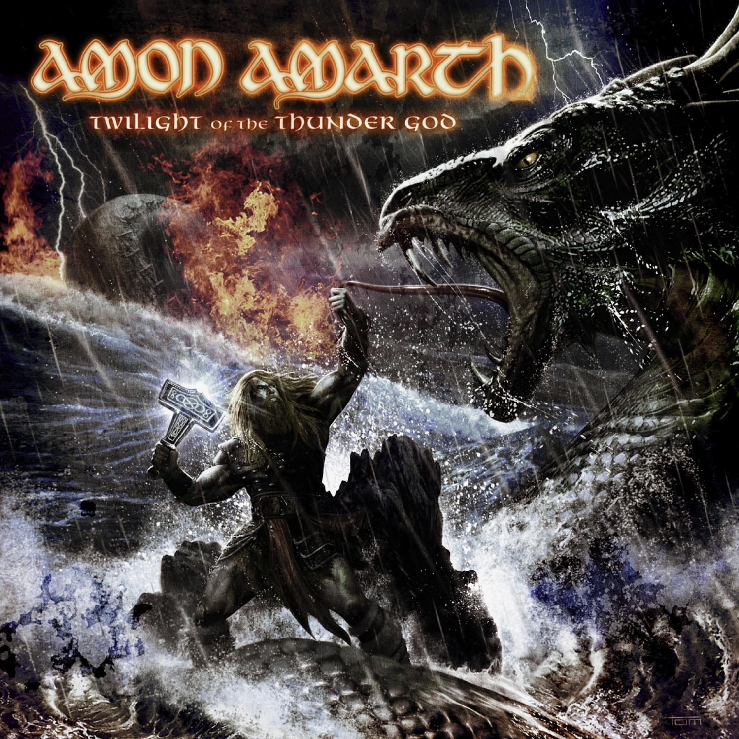 Albumcover mit Thor, der mit einem Drachen über Wasser mit Blitzen kämpft. Stürmischer Himmel und Wasser.
