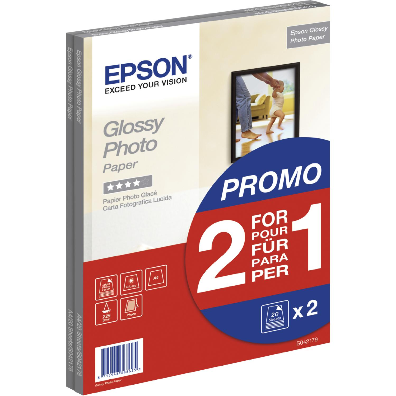 Epson Hochglanz-Fotopapier-Packung mit Promo. Zeigt Familienbild. Roter und blauer Hintergrund.