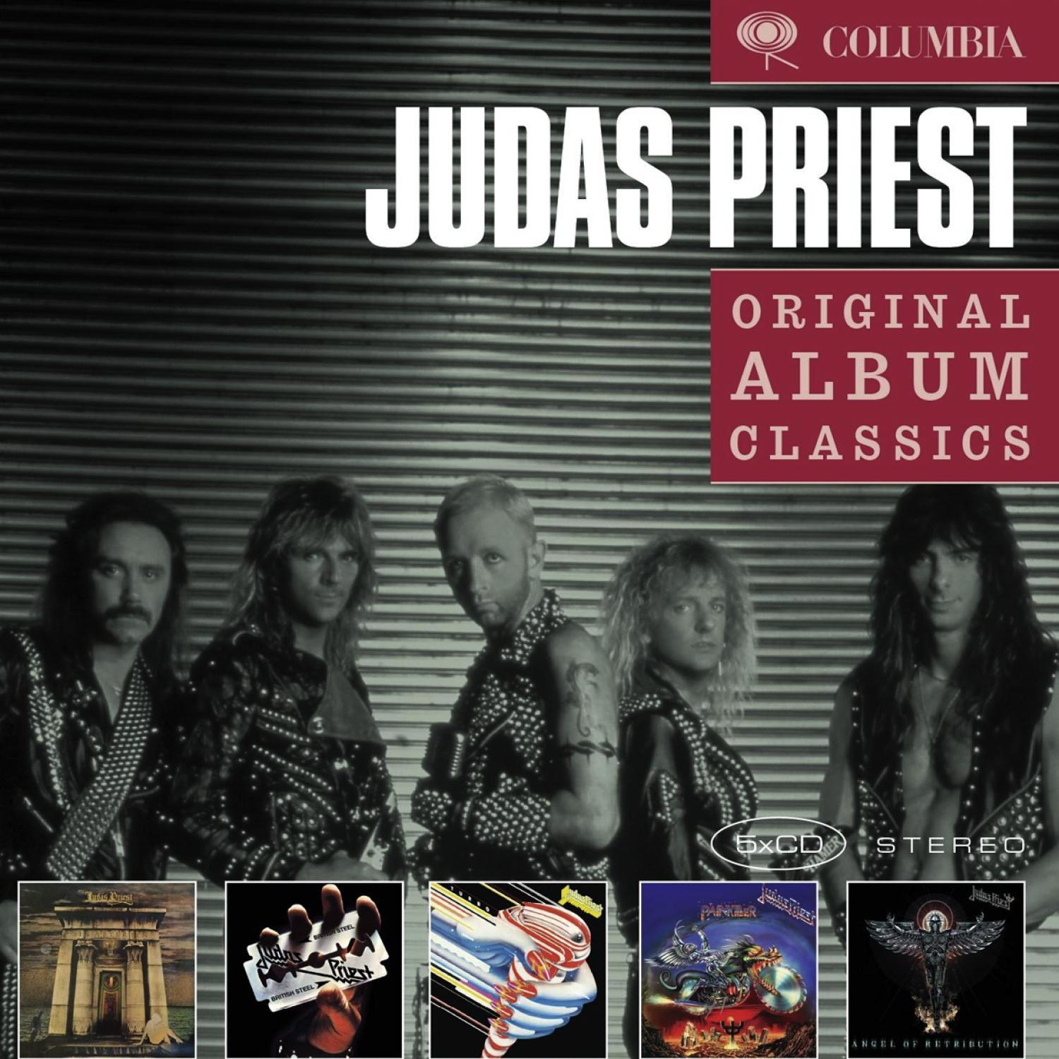 Judas Priest Albumcover mit den Bandmitgliedern. Der Albumtitel steht über dem Bandnamen.