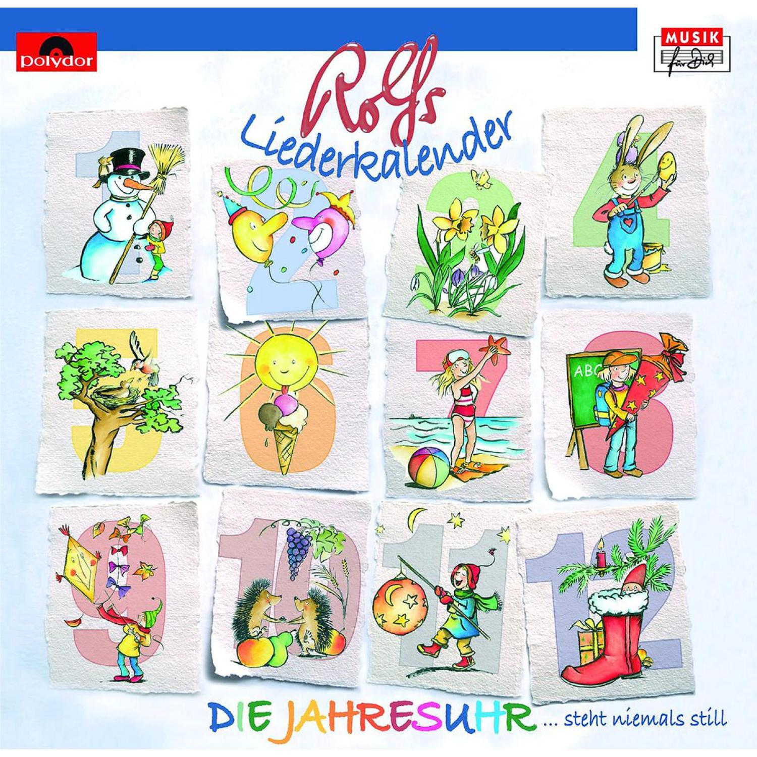 Albumcover mit 12 Illustrationen eines Kalenders. Jedes Bild zeigt einen Monat mit zugehörigen Objekten und Text.